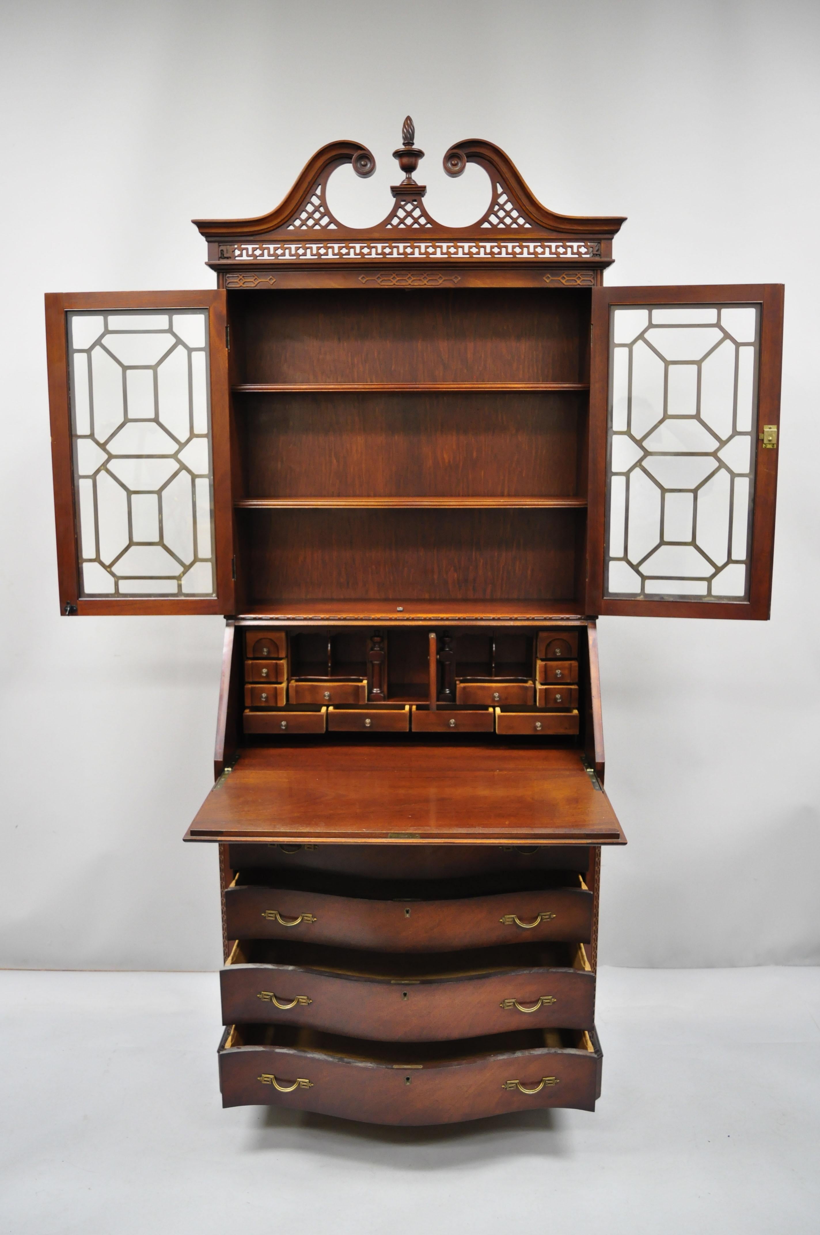 American Antique Mahogany Chinese Chippendale Carved Fretwork Bookcase Secretary Desk