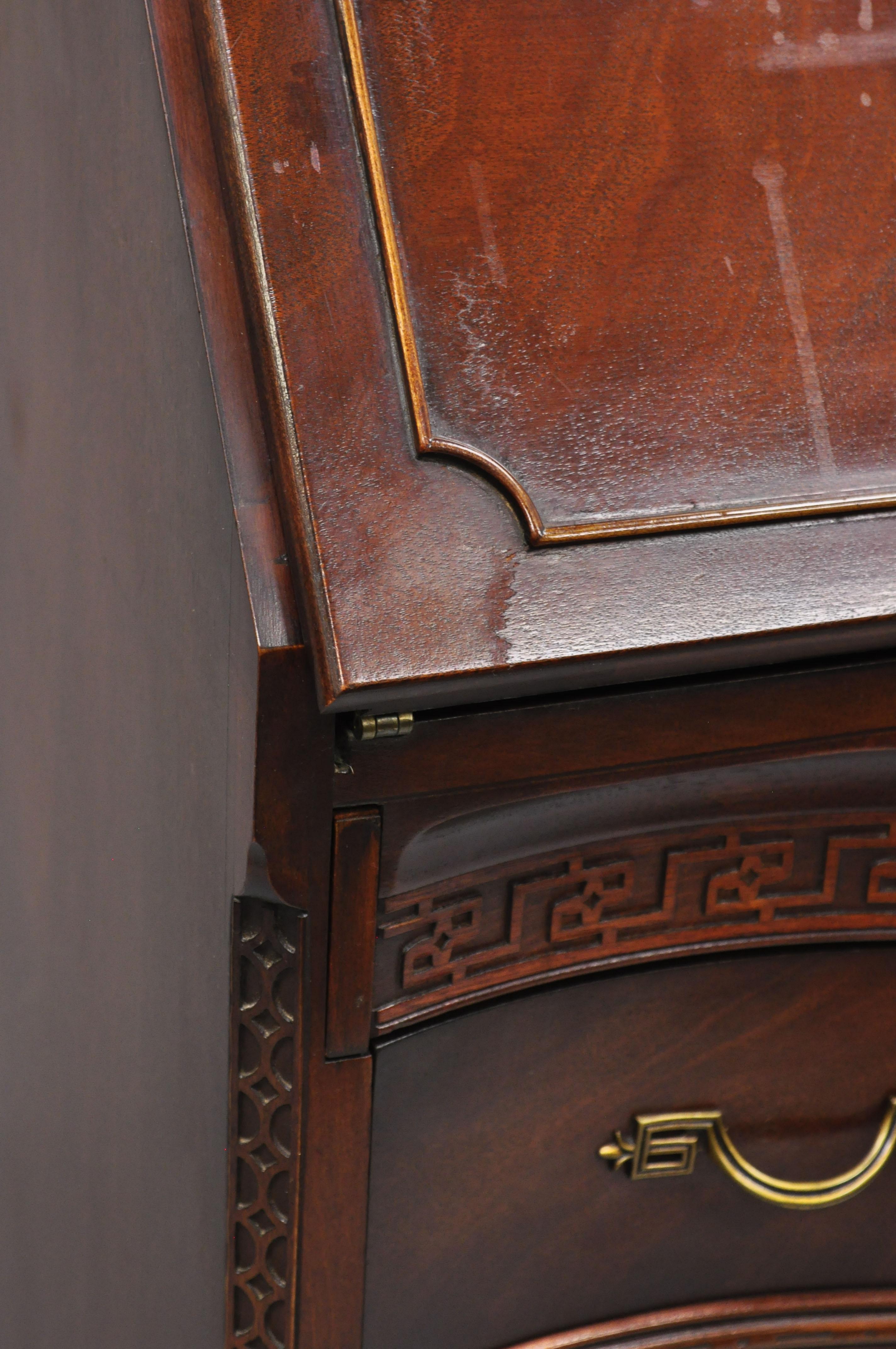 20th Century Antique Mahogany Chinese Chippendale Carved Fretwork Bookcase Secretary Desk