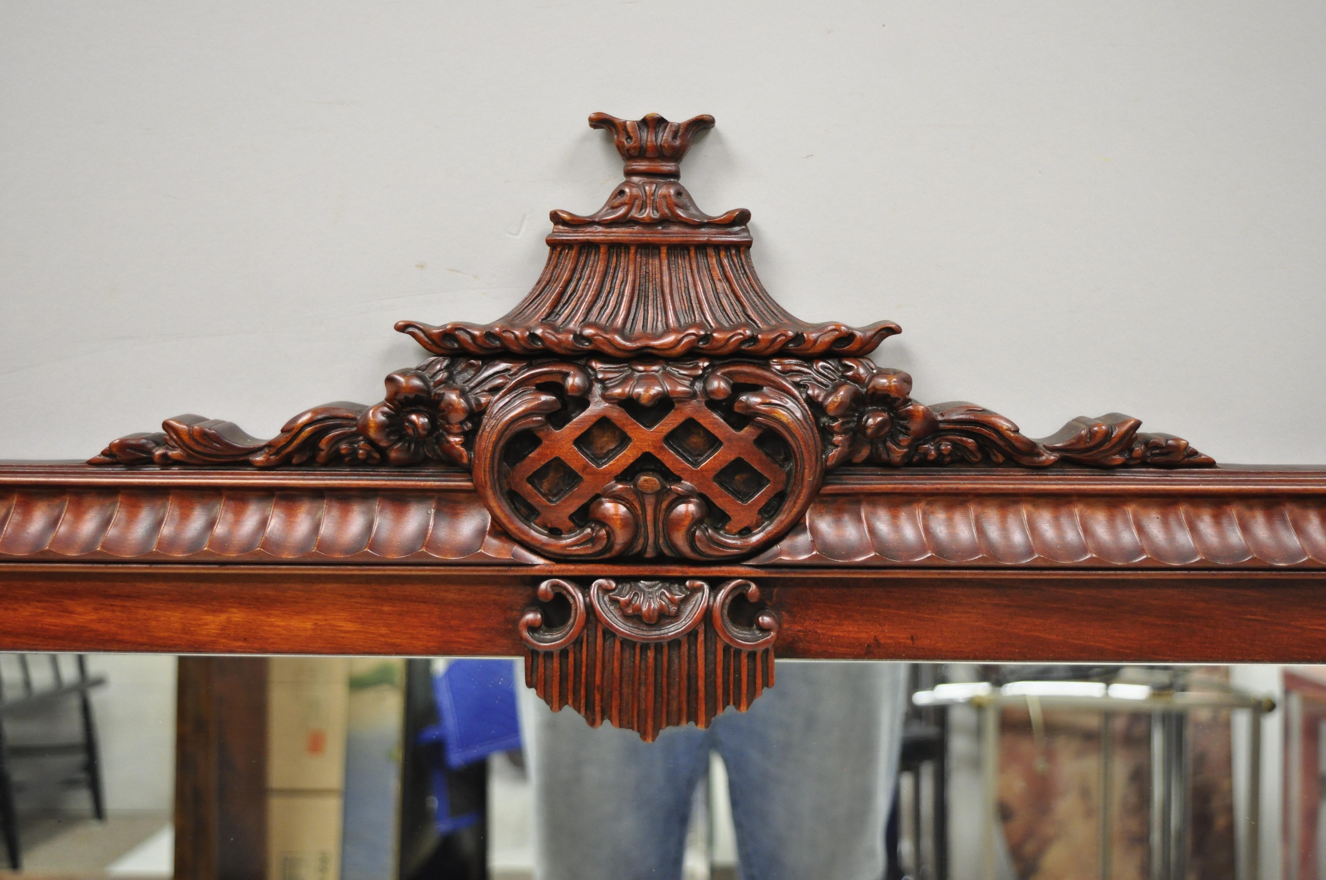 Antique mahogany Chinese Chippendale carved pagoda top large 45 x 49 wall mirror. Item features solid wood frame, beautiful wood grain, nicely carved details, great style and form, circa early 20th century. Measurements: 44.5