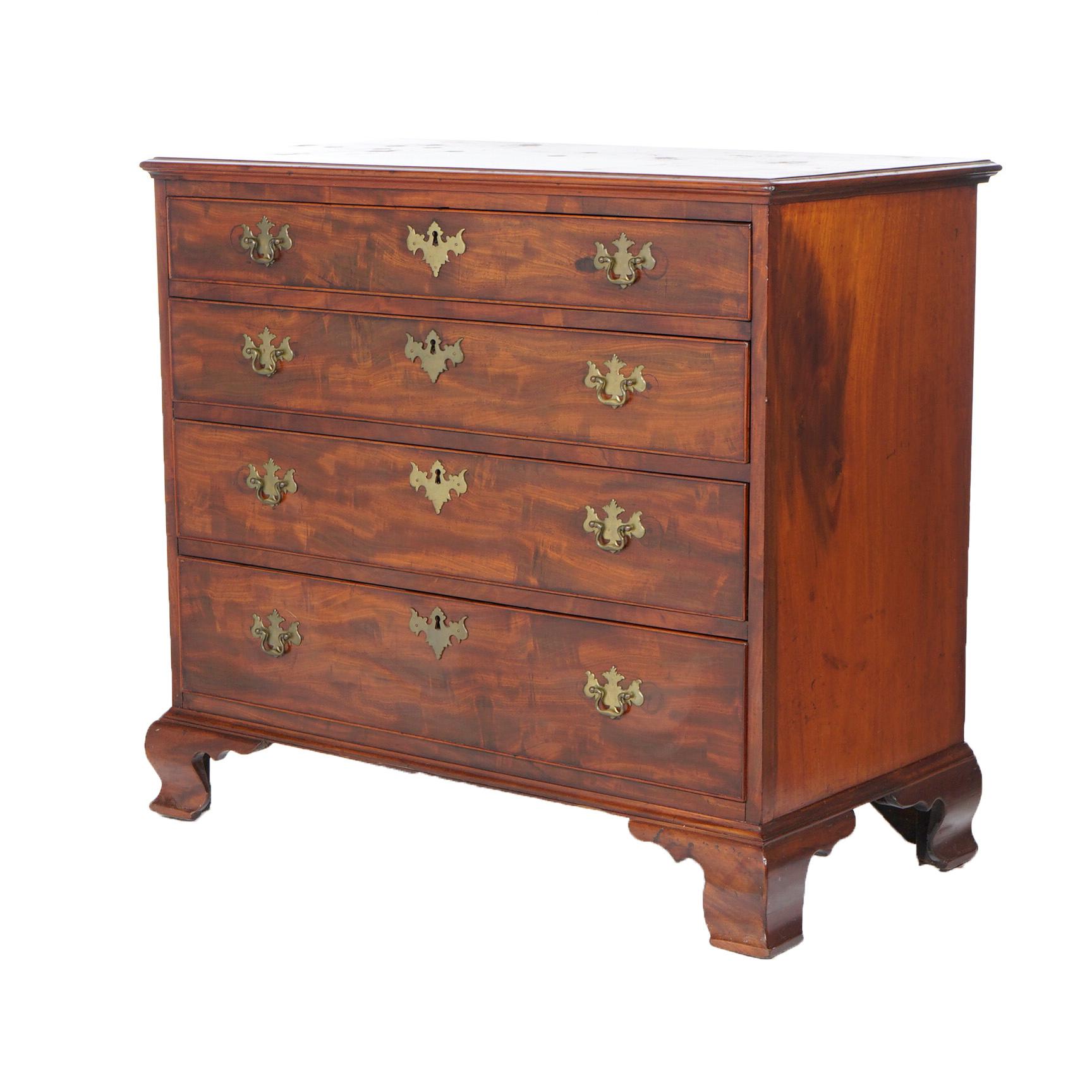 An antique Chippendale chest offers deeply striated mahogany construction with graduated drawers having batwing hardware, raised on bracket feet, c1820

Measures- 34'' H x 38'' W x 19.75'' D.

*Ask about DISCOUNTED DELIVERY rates within 1,500 miles