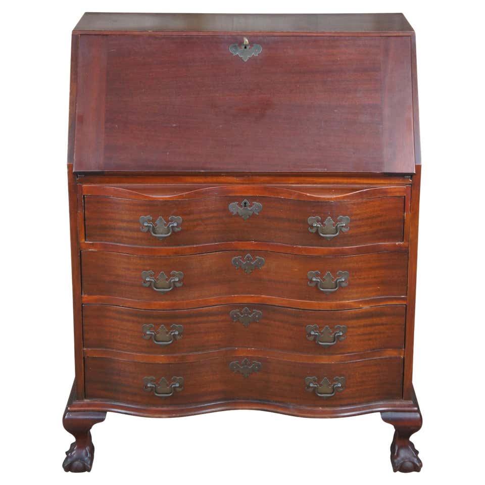 Library Writing Desk Antique Mahogany Chippendale Serpentine Oxbow Secretary Library Writing ...