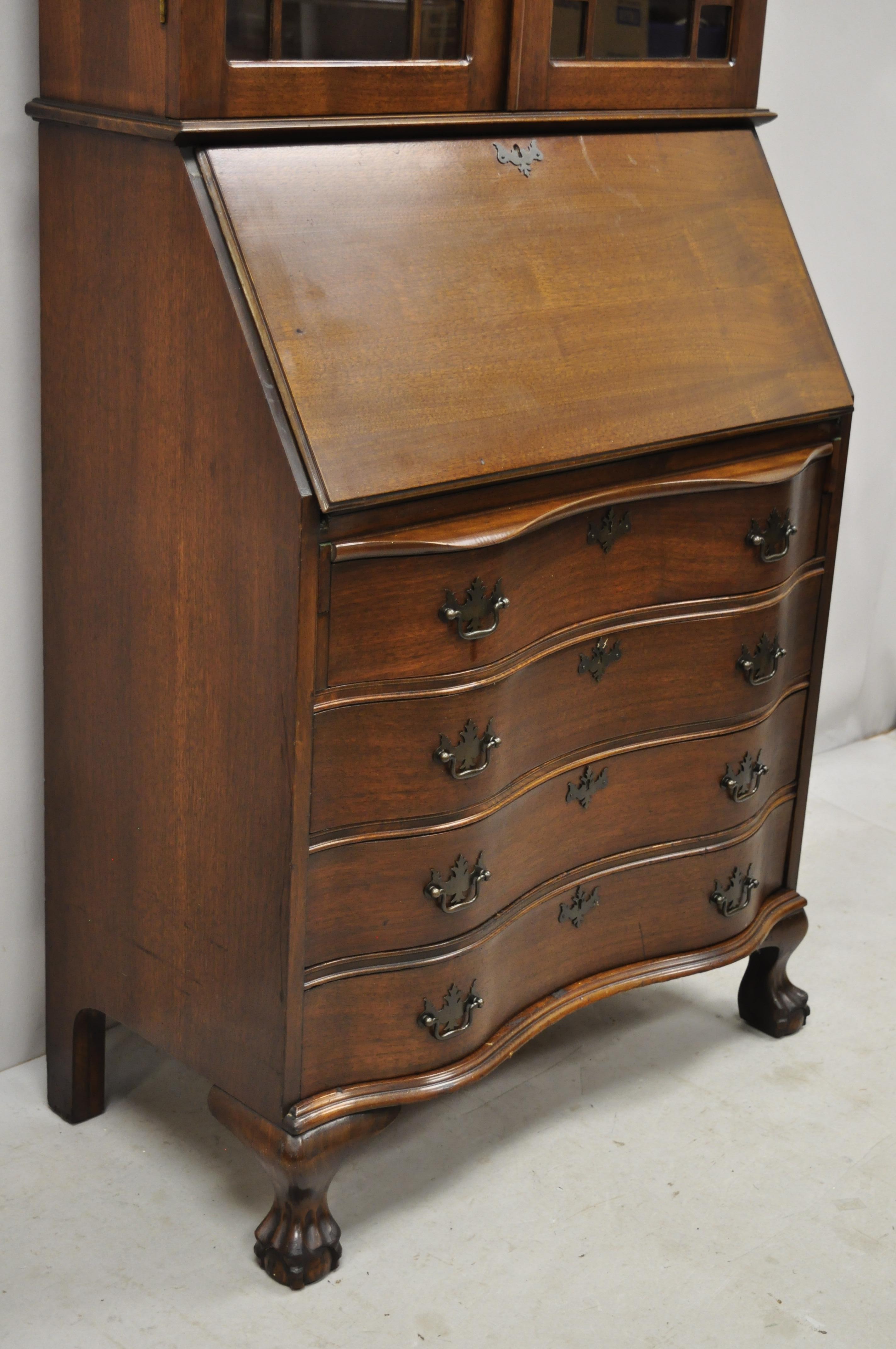 20th Century Antique Mahogany Chippendale Style Bow Front Ball and Claw Tall Secretary Desk