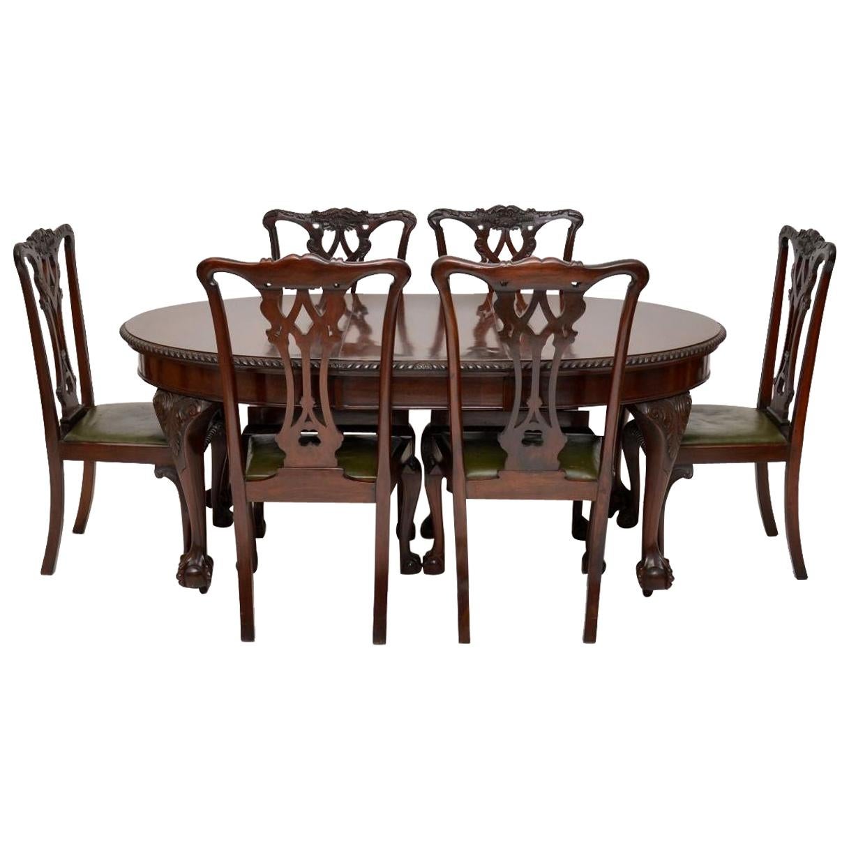 Antique Mahogany Chippendale Style Dining Table and Six Chairs