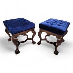 Antique Mahogany Chippendale Tufted Bench/Ottomans Upholstered In Velvet, Pair