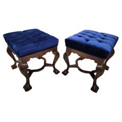 Antiguo Banco/Ottoman Chippendale de Caoba Tapizado de Terciopelo, Pareja