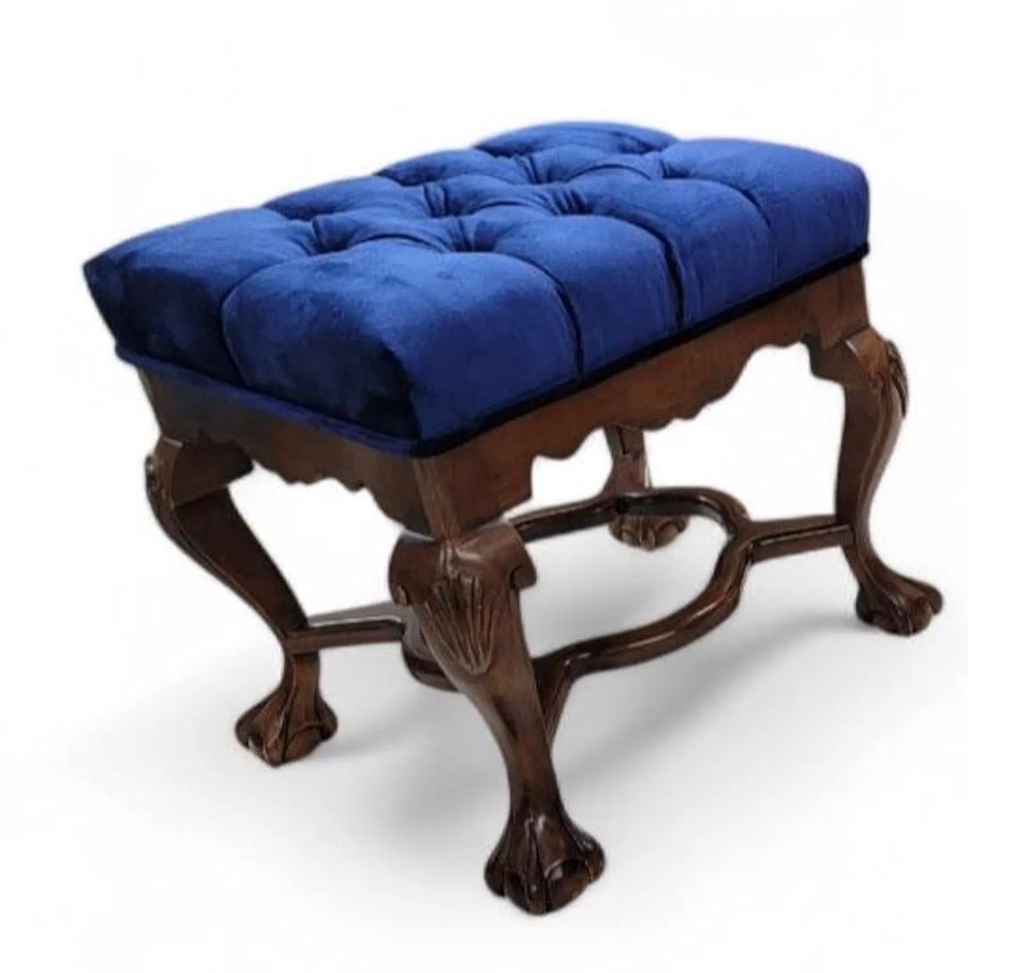 Antique Mahogany Chippendale Tufted Ottoman Newly Reupholstered in Velvet For Sale 5