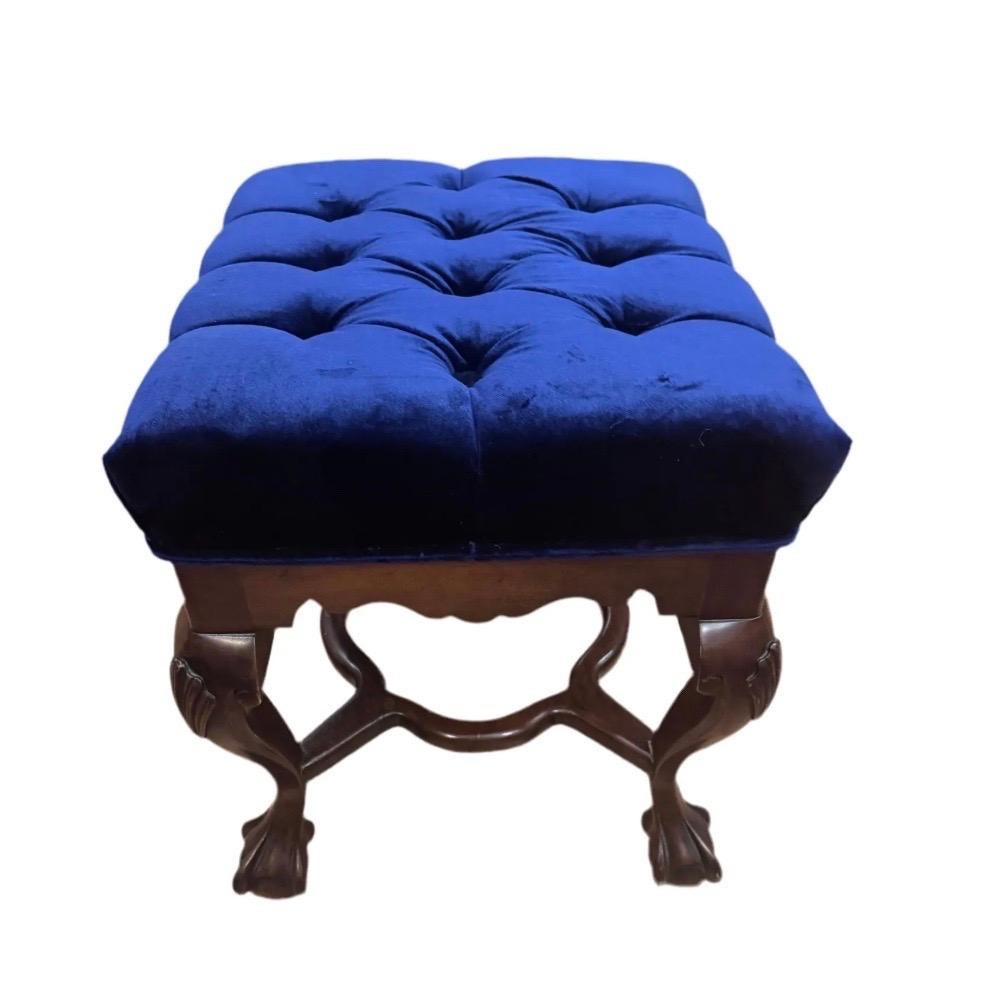 Antique Mahogany Chippendale Tufted Ottoman Newly Reupholstered in High End Italian Royal-Blu Silk Velvet 
Circa Early 20th Century 
Dimensions:
 H 20”
W 19”
D 17”