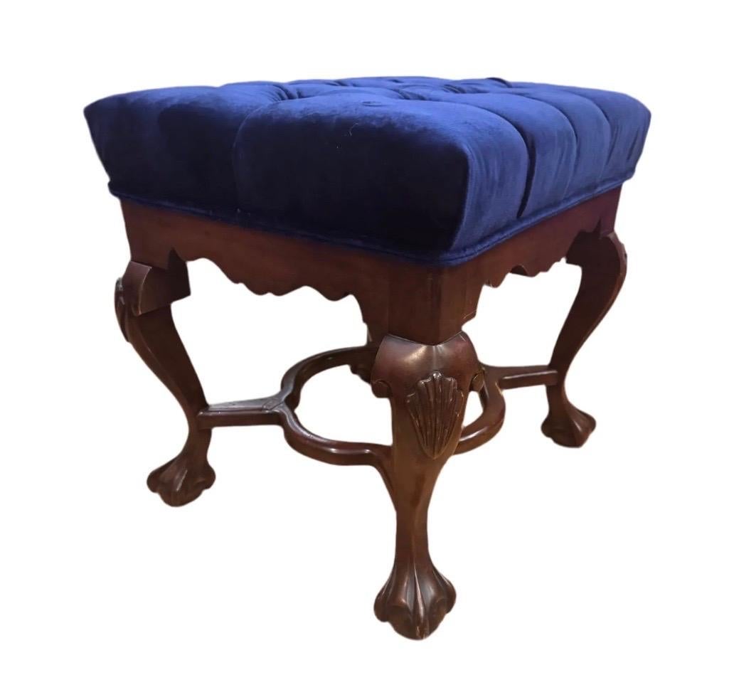 American Antique Mahogany Chippendale Tufted Ottoman Newly Reupholstered in Velvet For Sale