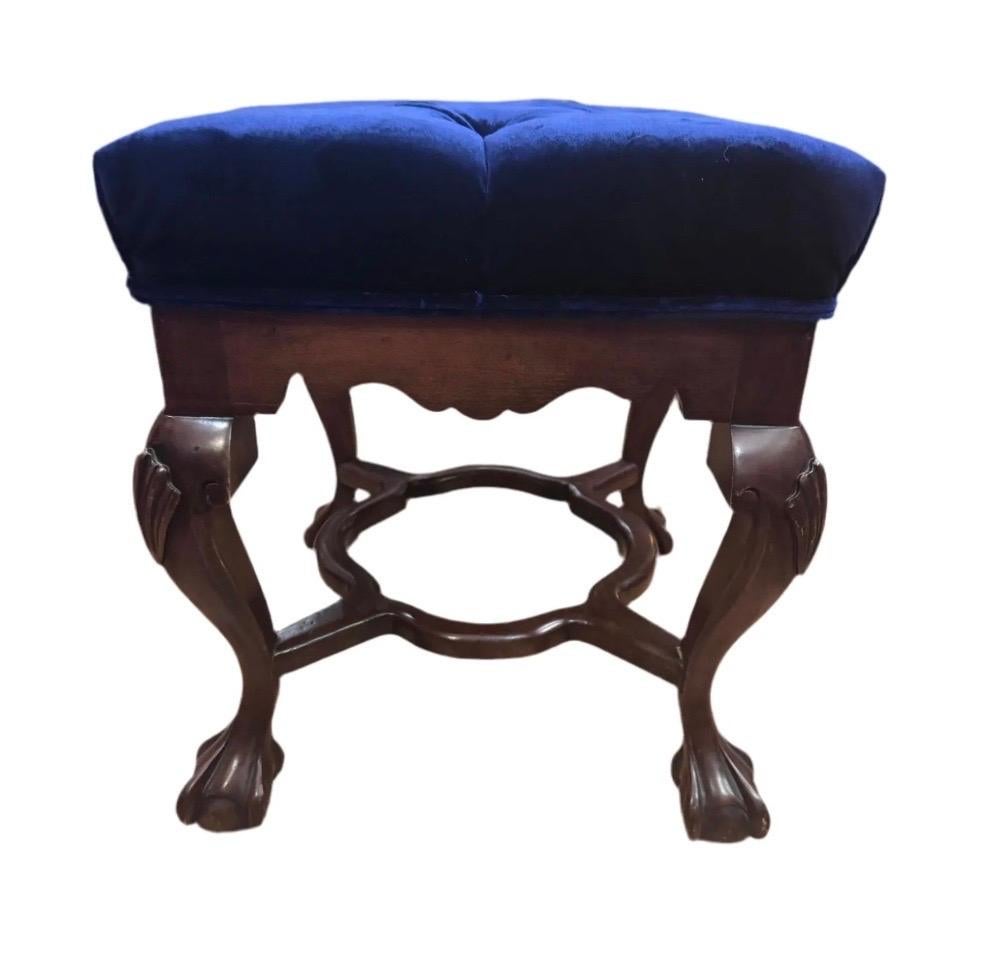 Antique Mahogany Chippendale Tufted Ottoman Newly Reupholstered in Velvet In Good Condition For Sale In Chicago, IL
