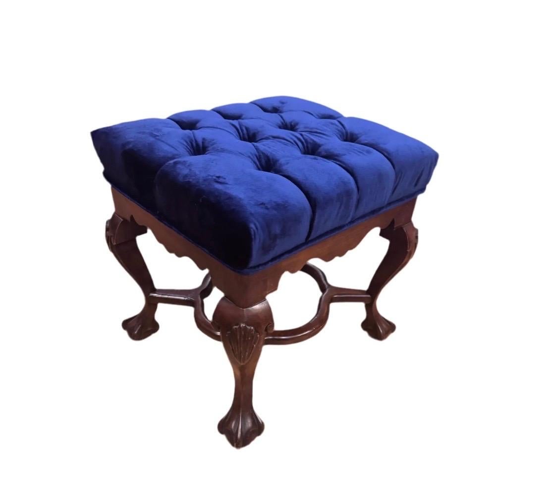Antique Mahogany Chippendale Tufted Ottoman Newly Reupholstered in Velvet For Sale 2