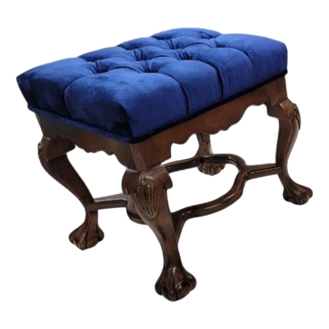 Antique Mahogany Chippendale Tufted Ottoman Newly Reupholstered in Velvet For Sale