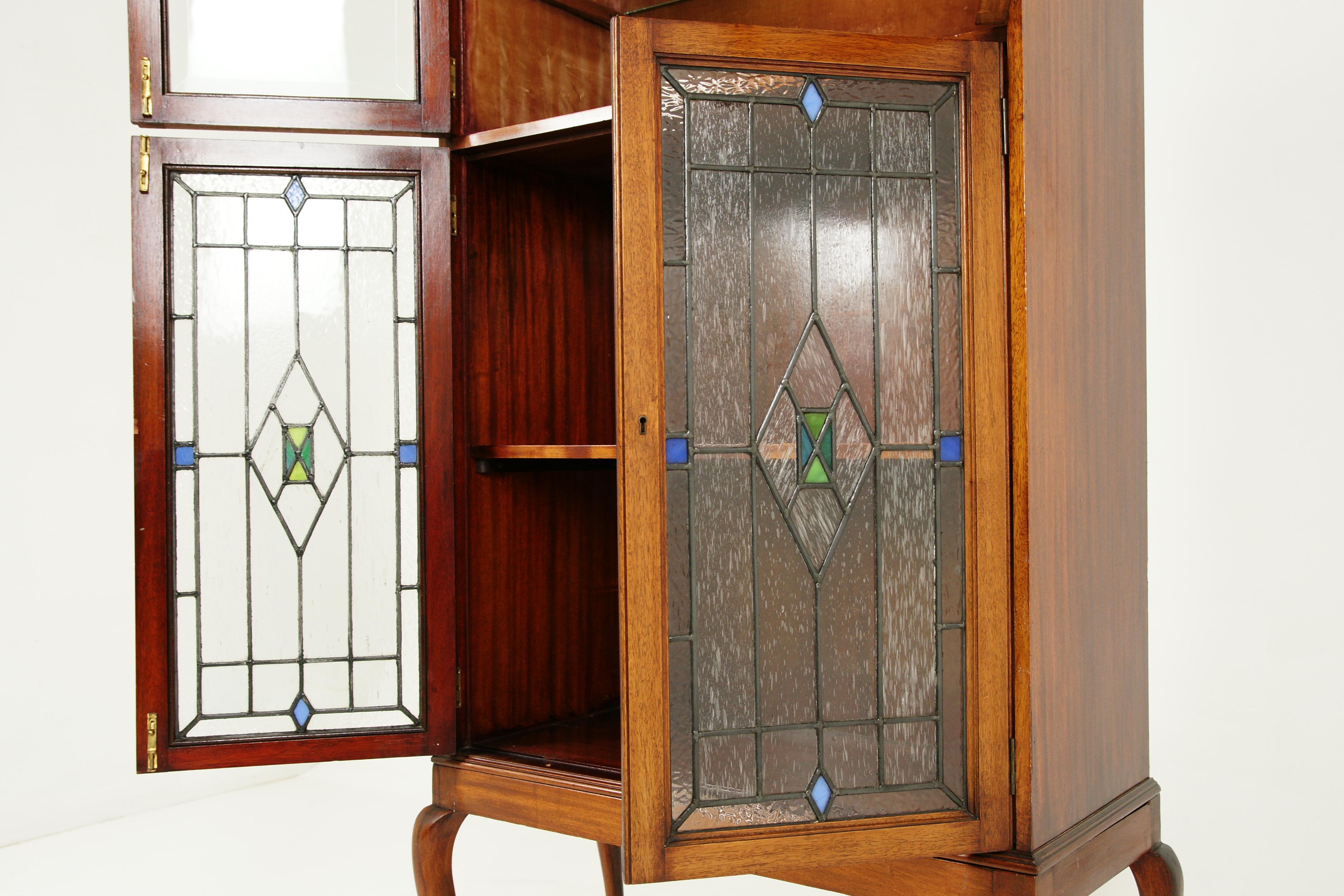 Scottish Antique Walnut Cocktail Cabinet, Stained Glass, Arts & Crafts, Scotland 1910