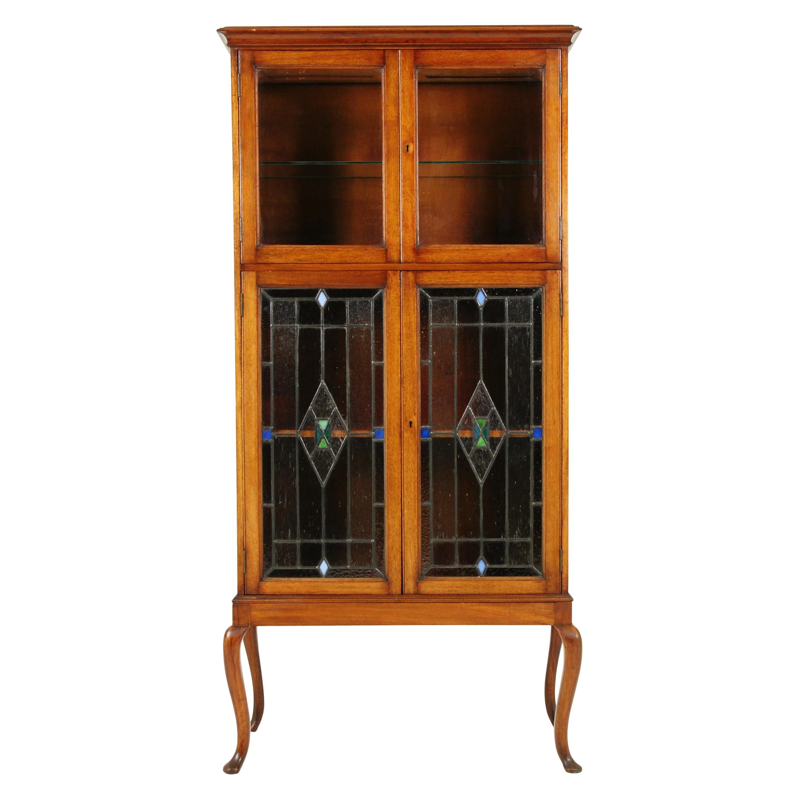 Antique Walnut Cocktail Cabinet, Stained Glass, Arts & Crafts, Scotland 1910