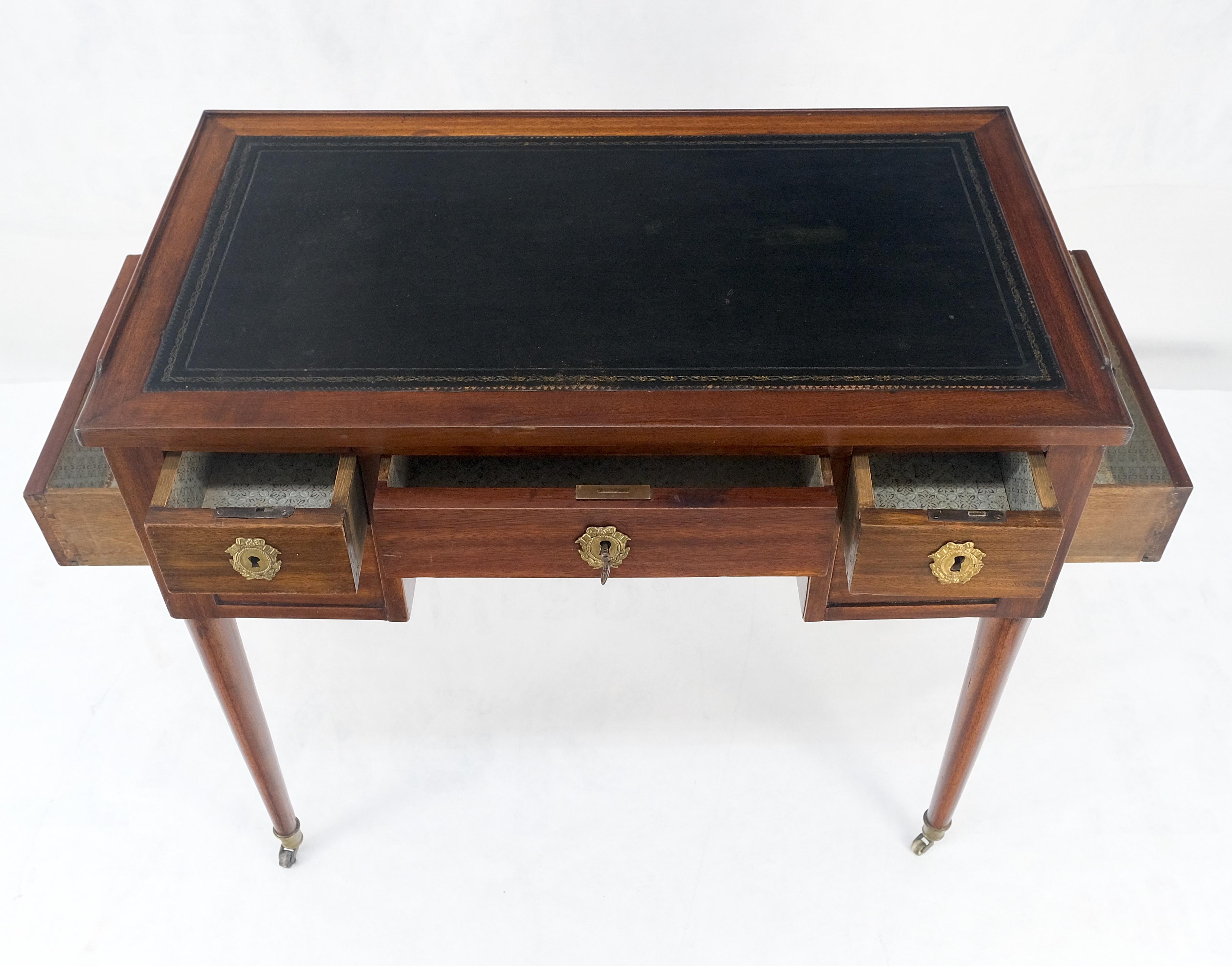 Brass Antique Mahogany Compact  20x35 Writing Table Console Desk Side Drawer Leather For Sale