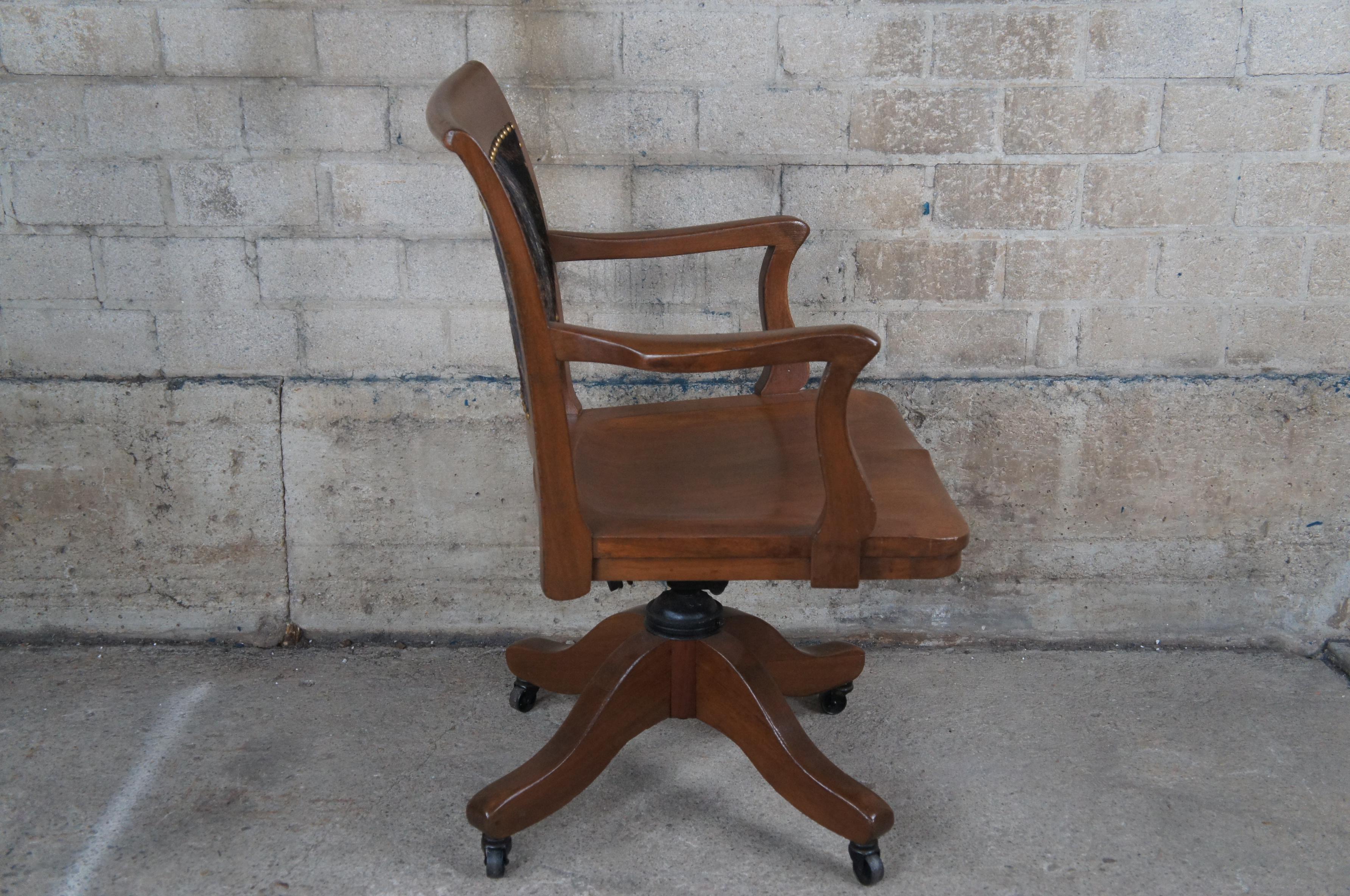 Antique Mahogany Cowhide Nailhead Executive Library Desk Swivel Arm Chair  4