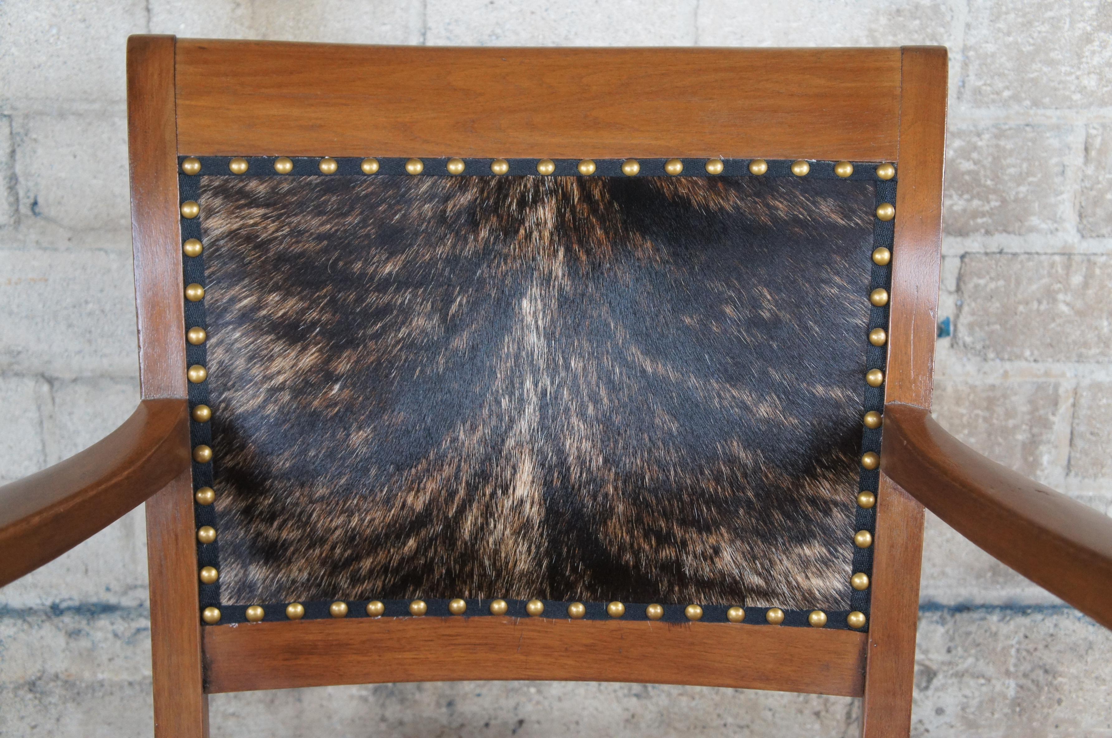 Rustic Antique Mahogany Cowhide Nailhead Executive Library Desk Swivel Arm Chair 