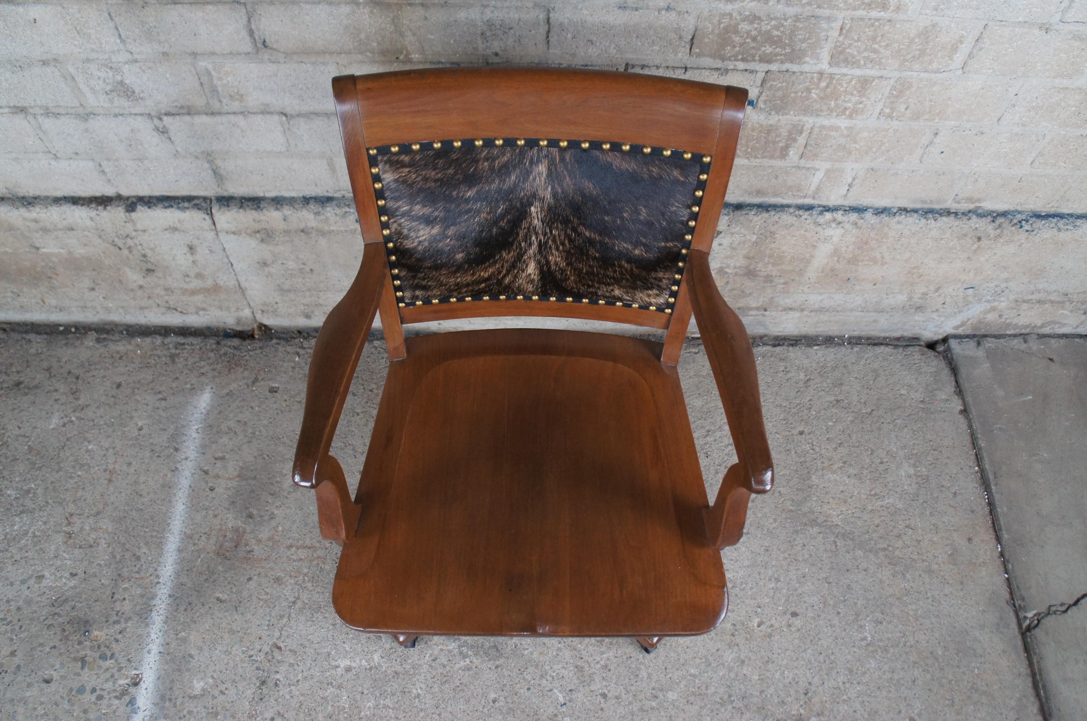 Antique Mahogany Cowhide Nailhead Executive Library Desk Swivel Arm Chair  In Good Condition In Dayton, OH