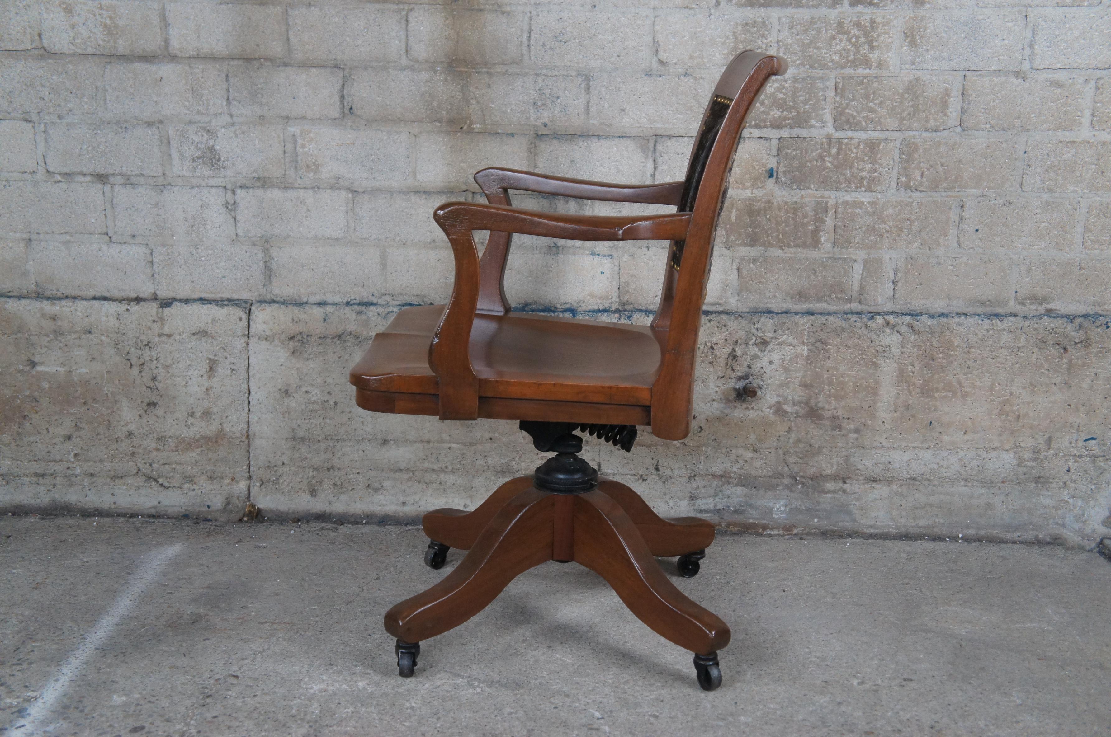 20th Century Antique Mahogany Cowhide Nailhead Executive Library Desk Swivel Arm Chair 