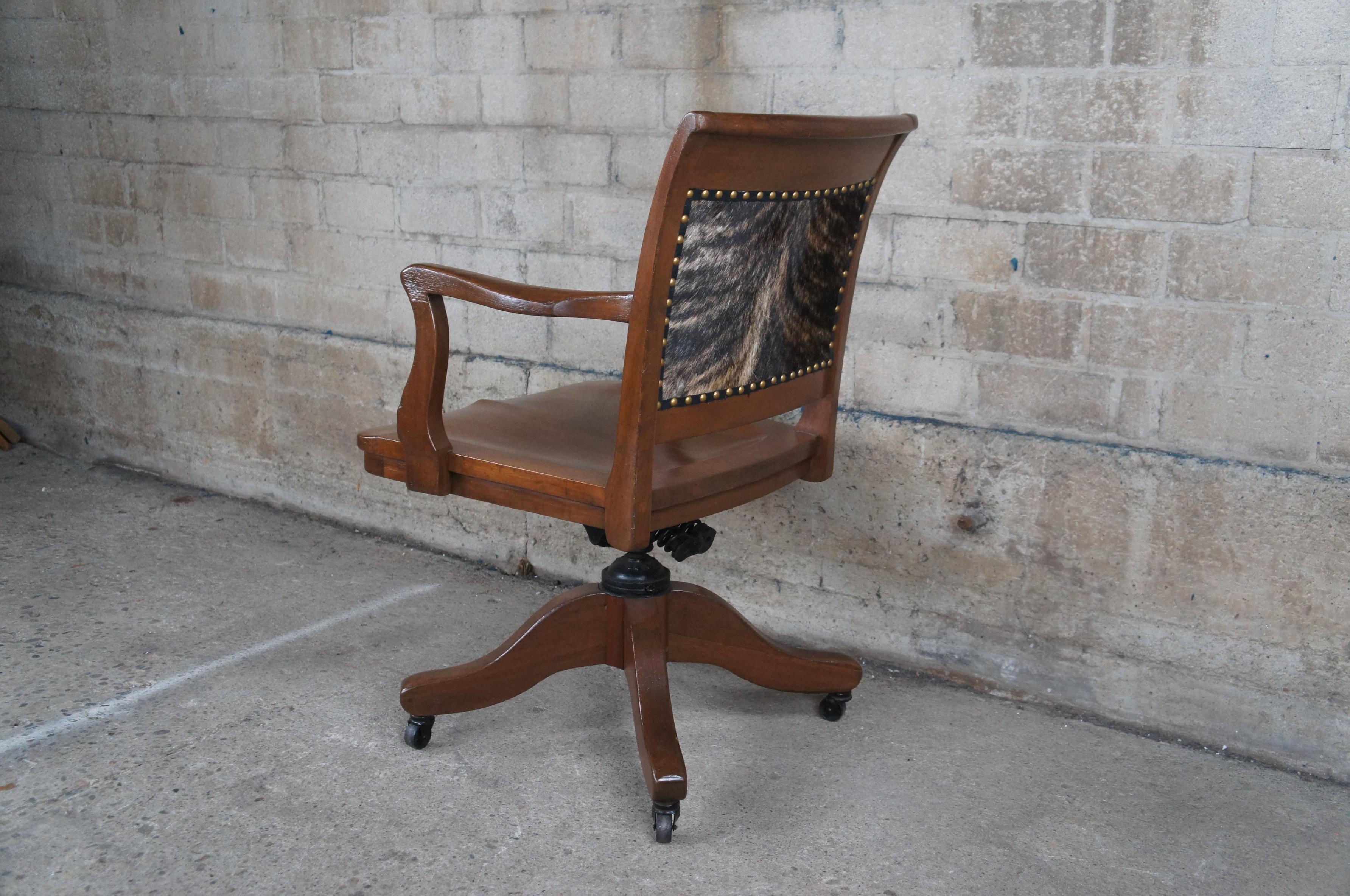 Antique Mahogany Cowhide Nailhead Executive Library Desk Swivel Arm Chair 1