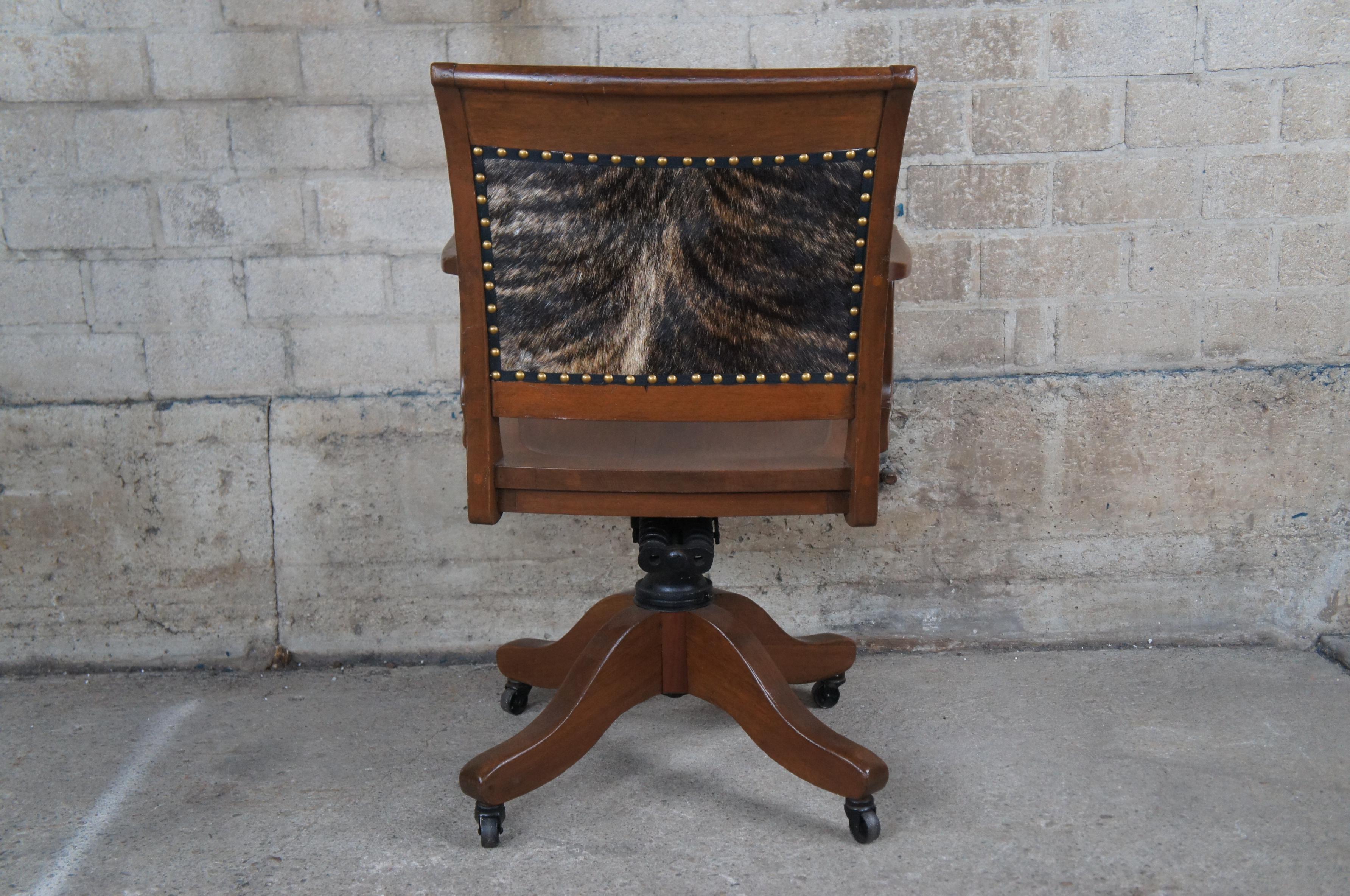 Antique Mahogany Cowhide Nailhead Executive Library Desk Swivel Arm Chair  2