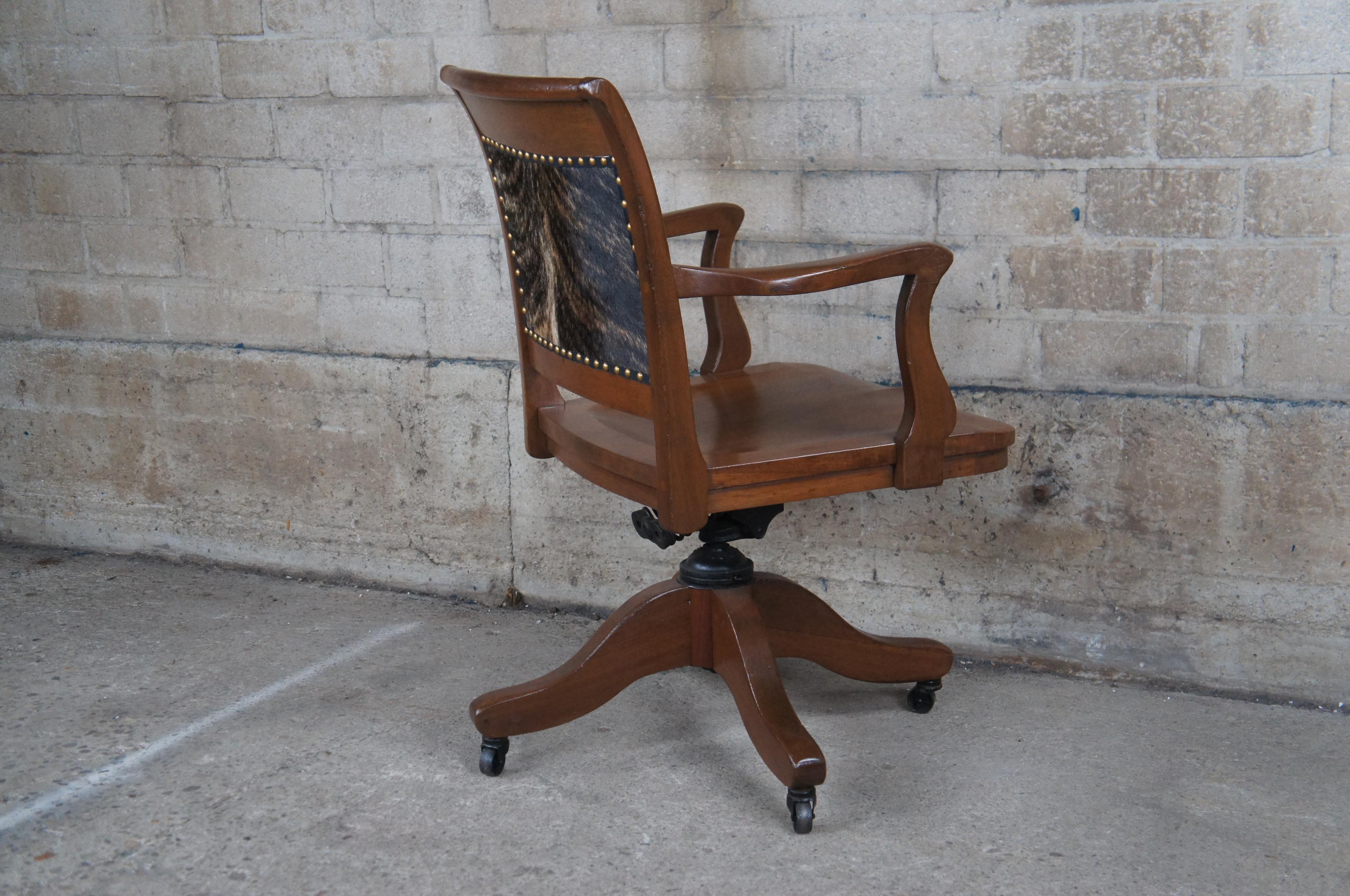 Antique Mahogany Cowhide Nailhead Executive Library Desk Swivel Arm Chair  3