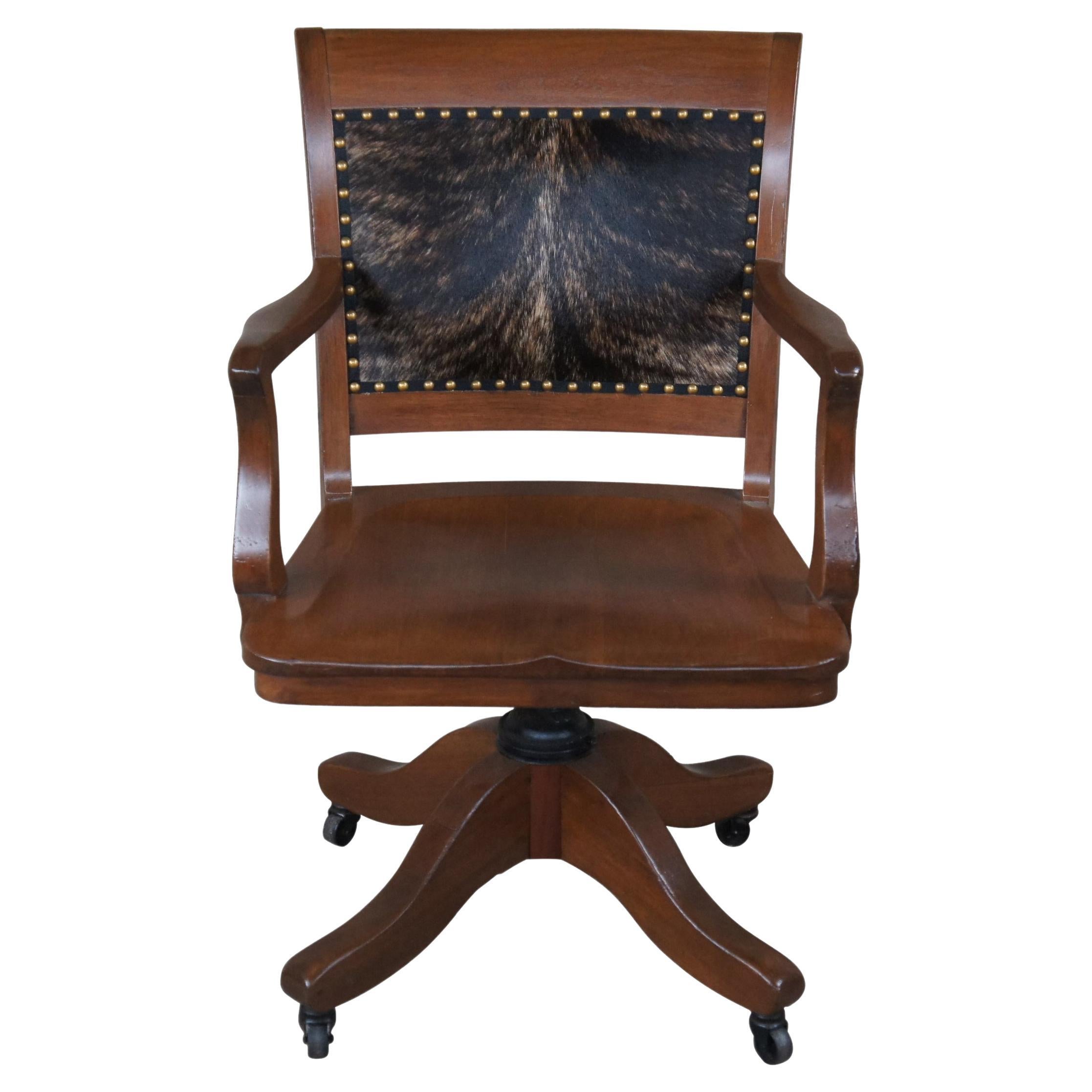 Antique Mahogany Cowhide Nailhead Executive Library Desk Swivel Arm Chair 