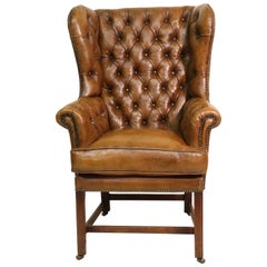 Antique English 18 C Mahogany Deep Buttoned Leather George III Wing Backed Armchair 1770