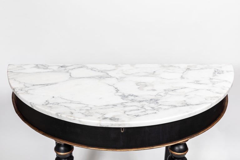 Antique Mahogany Demilune Console Table with New Carrara Marble Top at
