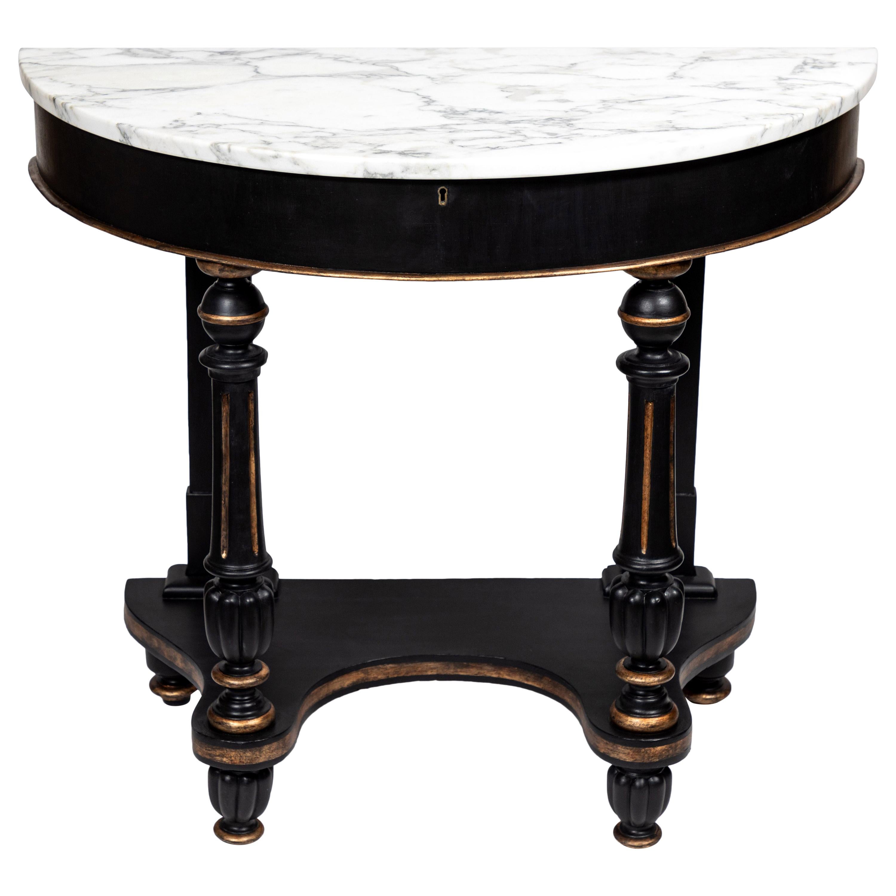 Antique Mahogany Demilune Console Table with New Carrara Marble Top