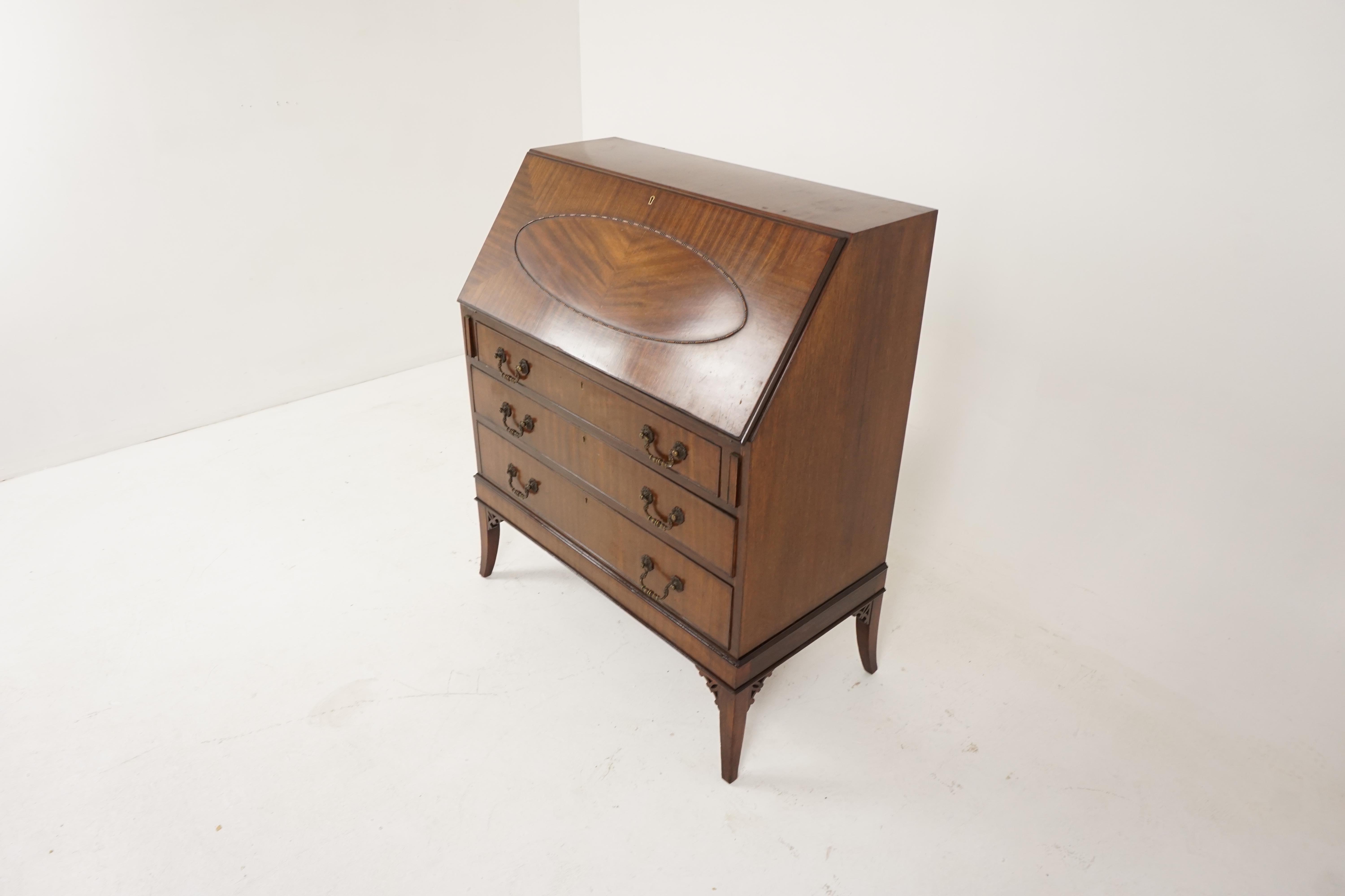 Antique mahogany desk, drop front writing desk, Scotland 1920, B2172

Scotland, 1920
Solid mahogany + veneers
Original finish
Rectangular top
Oval moulding to the fold down front
Opens to reveal a quality fitted interior
Leather writing