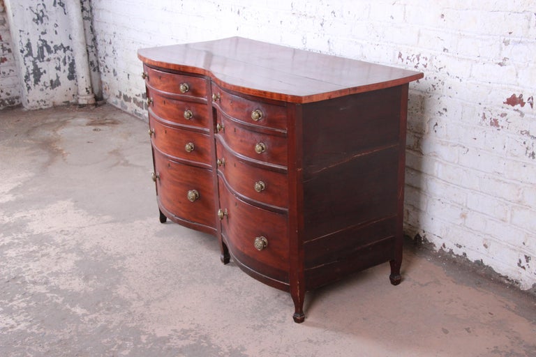Antique Mahogany Double Bow Front EightDrawer Dresser, Late 19th