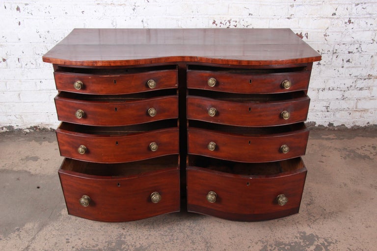 Antique Mahogany Double Bow Front EightDrawer Dresser, Late 19th