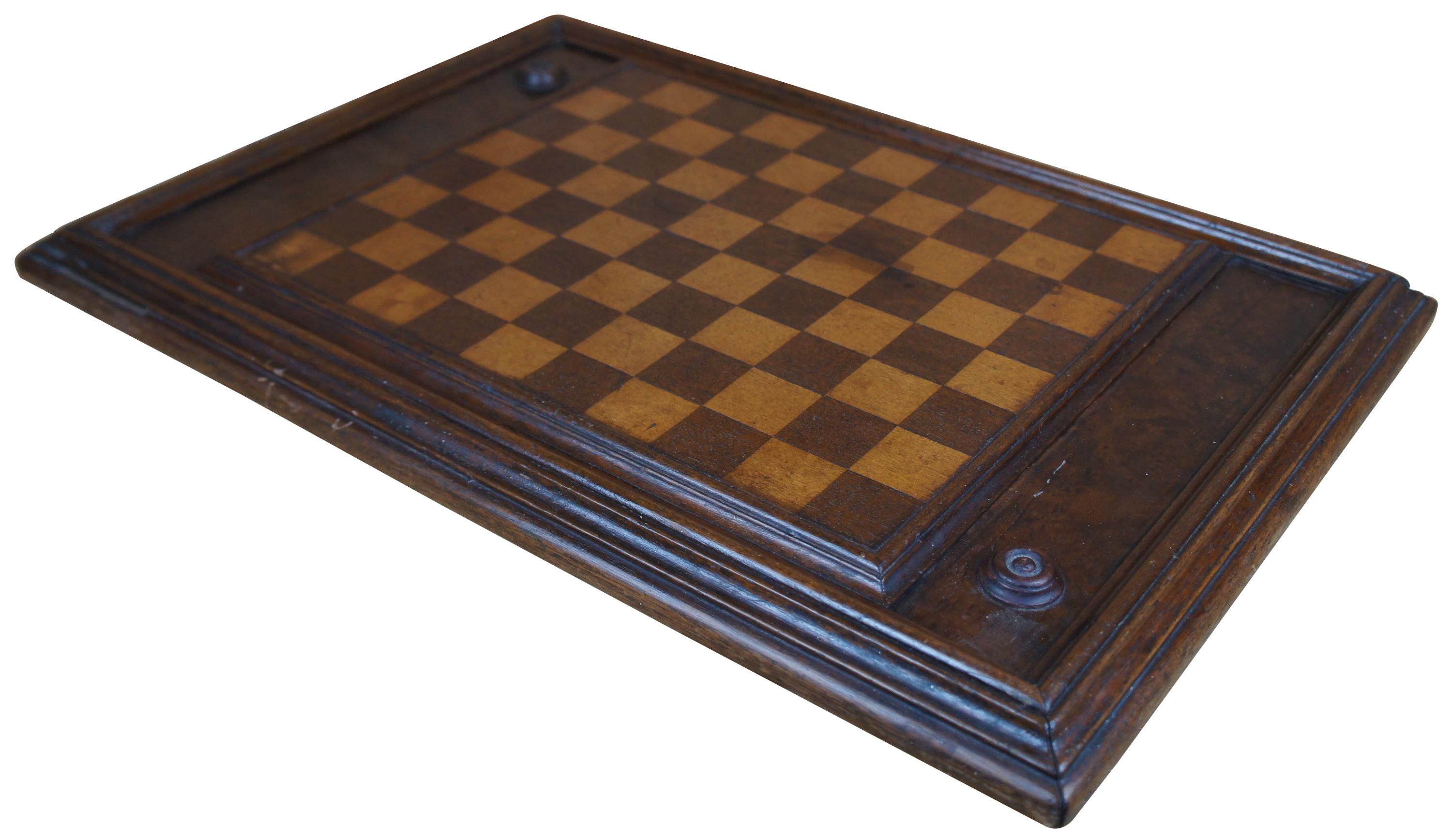 Antique mahogany checkers or draughts set featuring rectangular form with internal storage compartment for pieces and a board on each side.

round- 5
