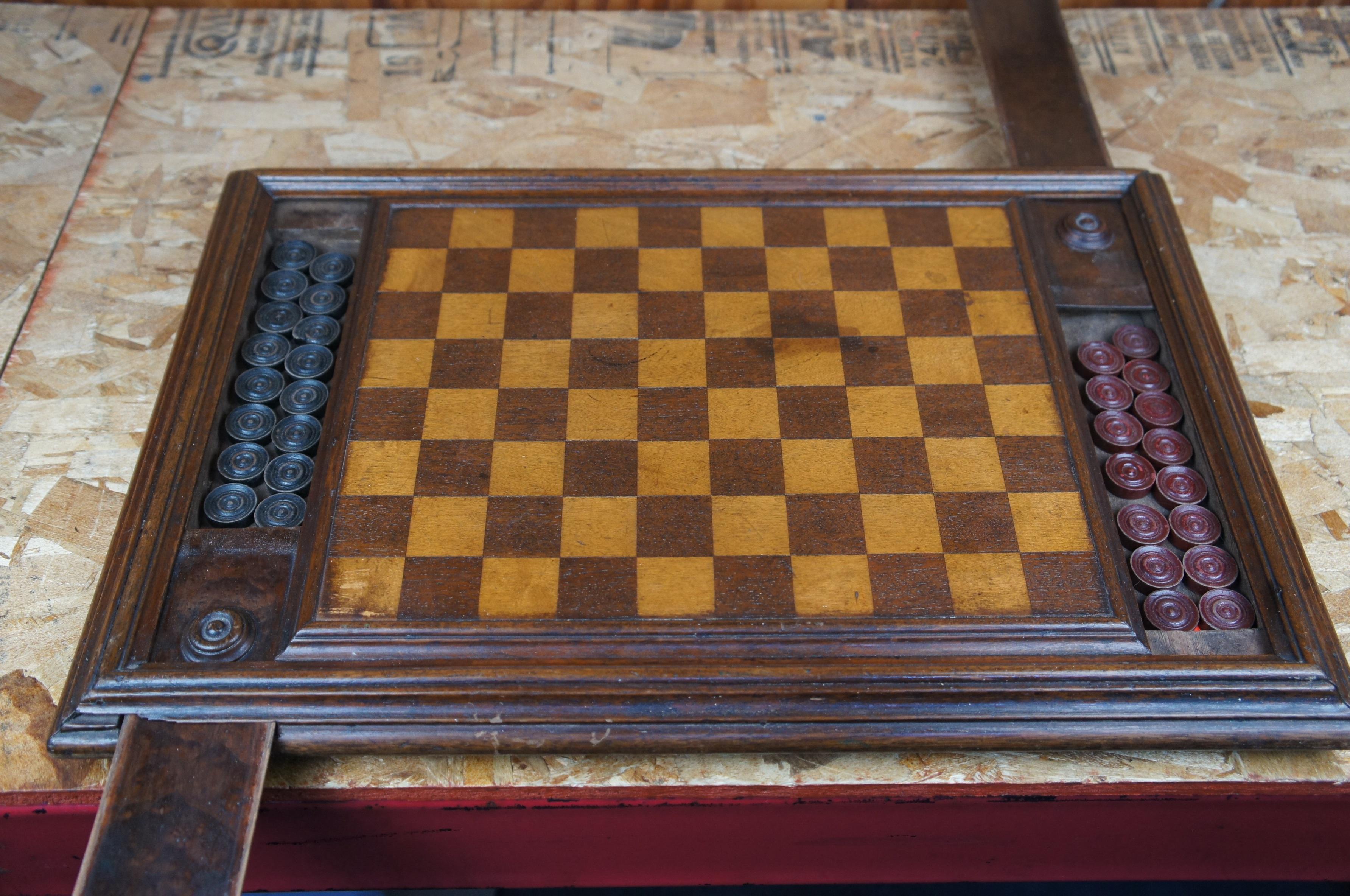 Antique Mahogany Double Sided Draughts Checkers Chess Game Board In Good Condition In Dayton, OH
