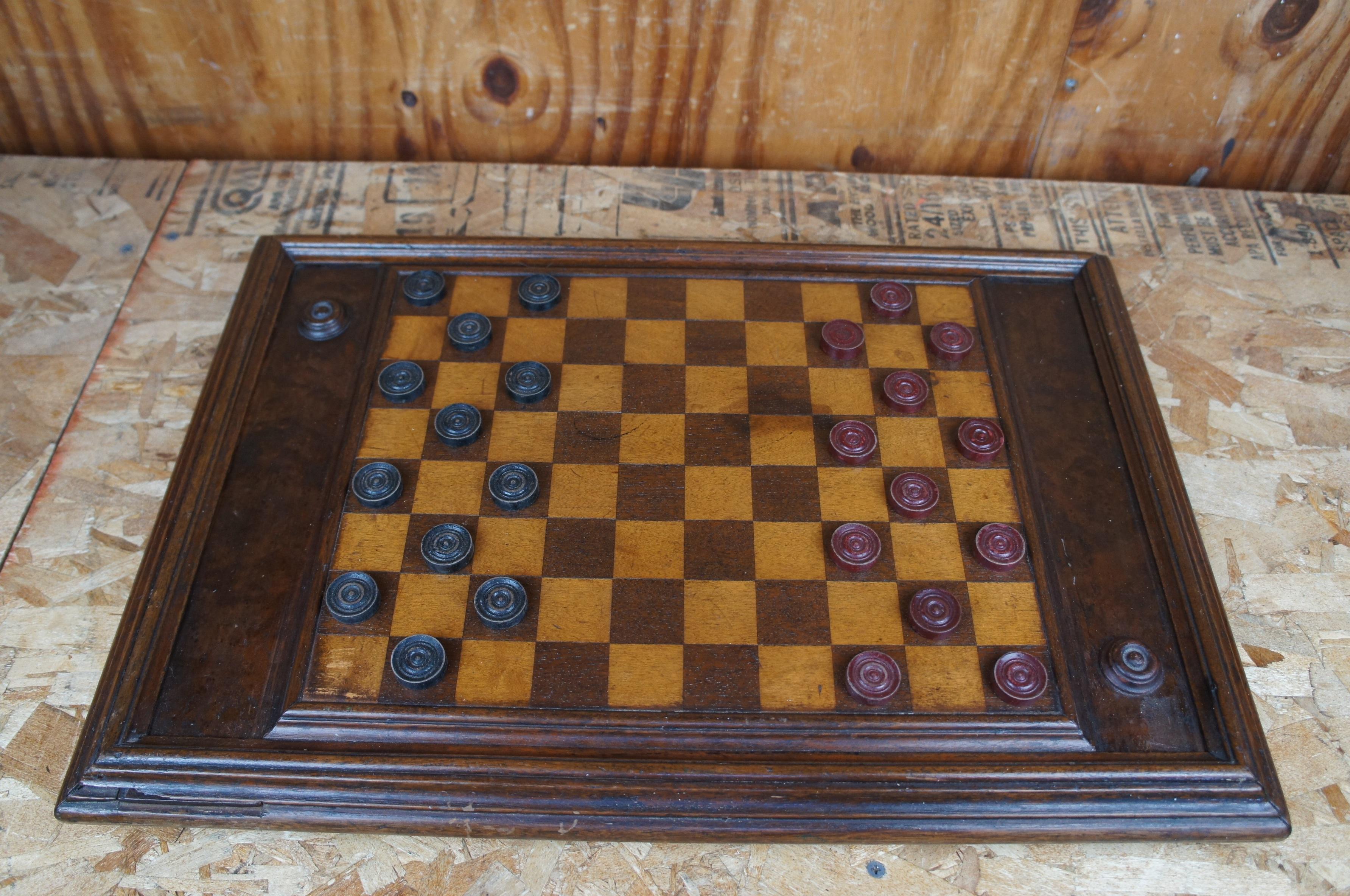 20th Century Antique Mahogany Double Sided Draughts Checkers Chess Game Board