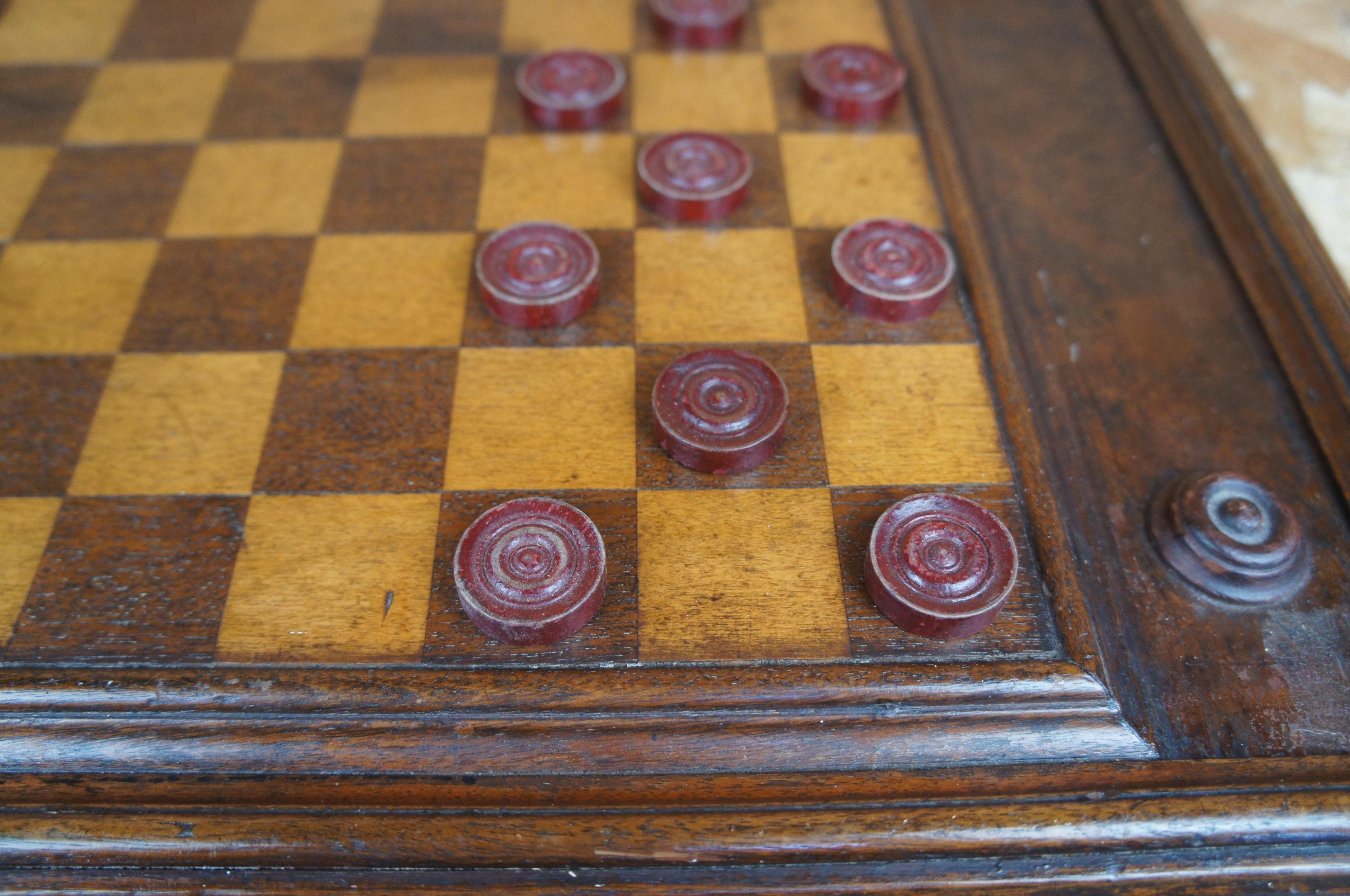 Antique Mahogany Double Sided Draughts Checkers Chess Game Board 1