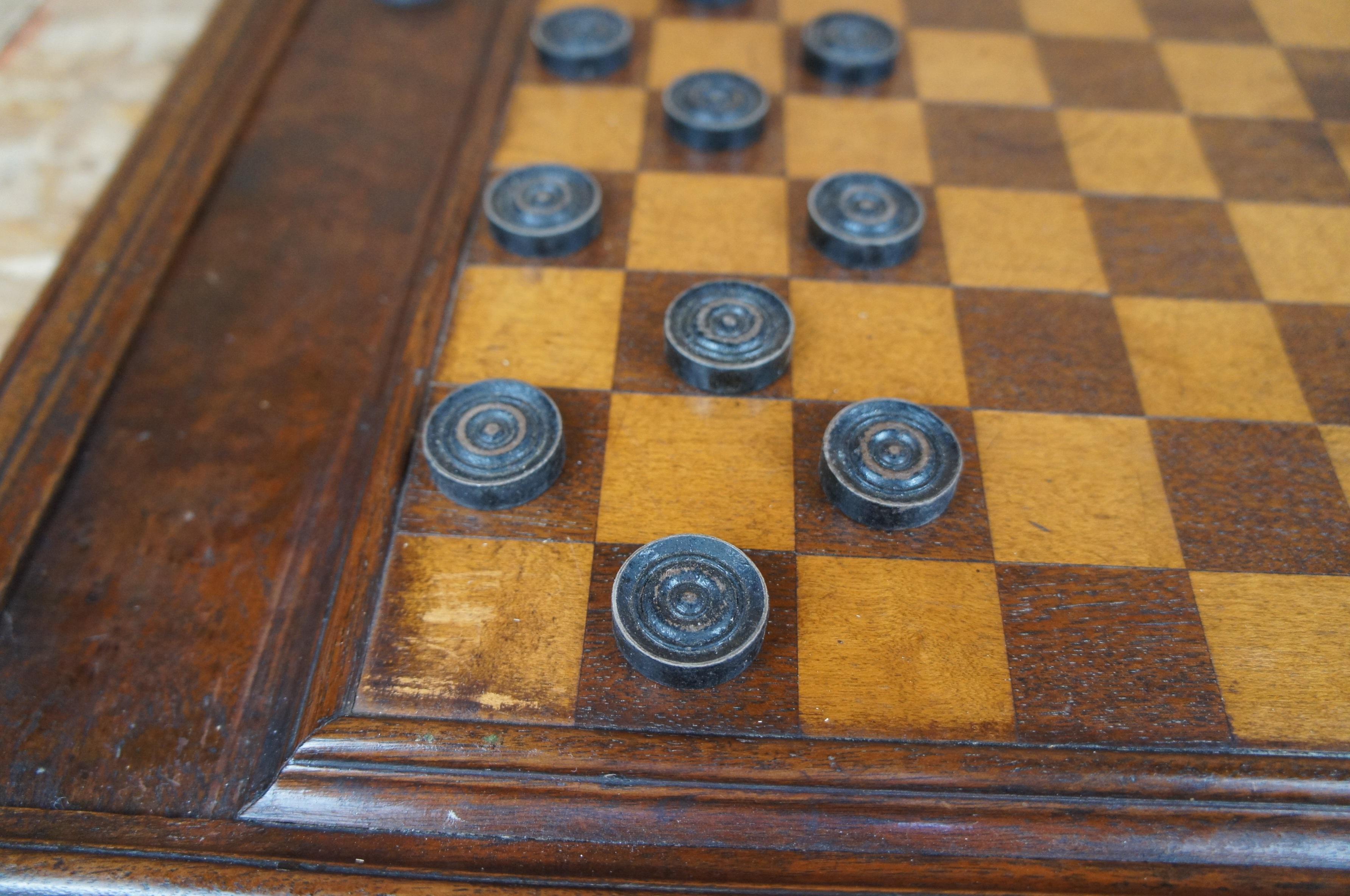 Antique Mahogany Double Sided Draughts Checkers Chess Game Board 2