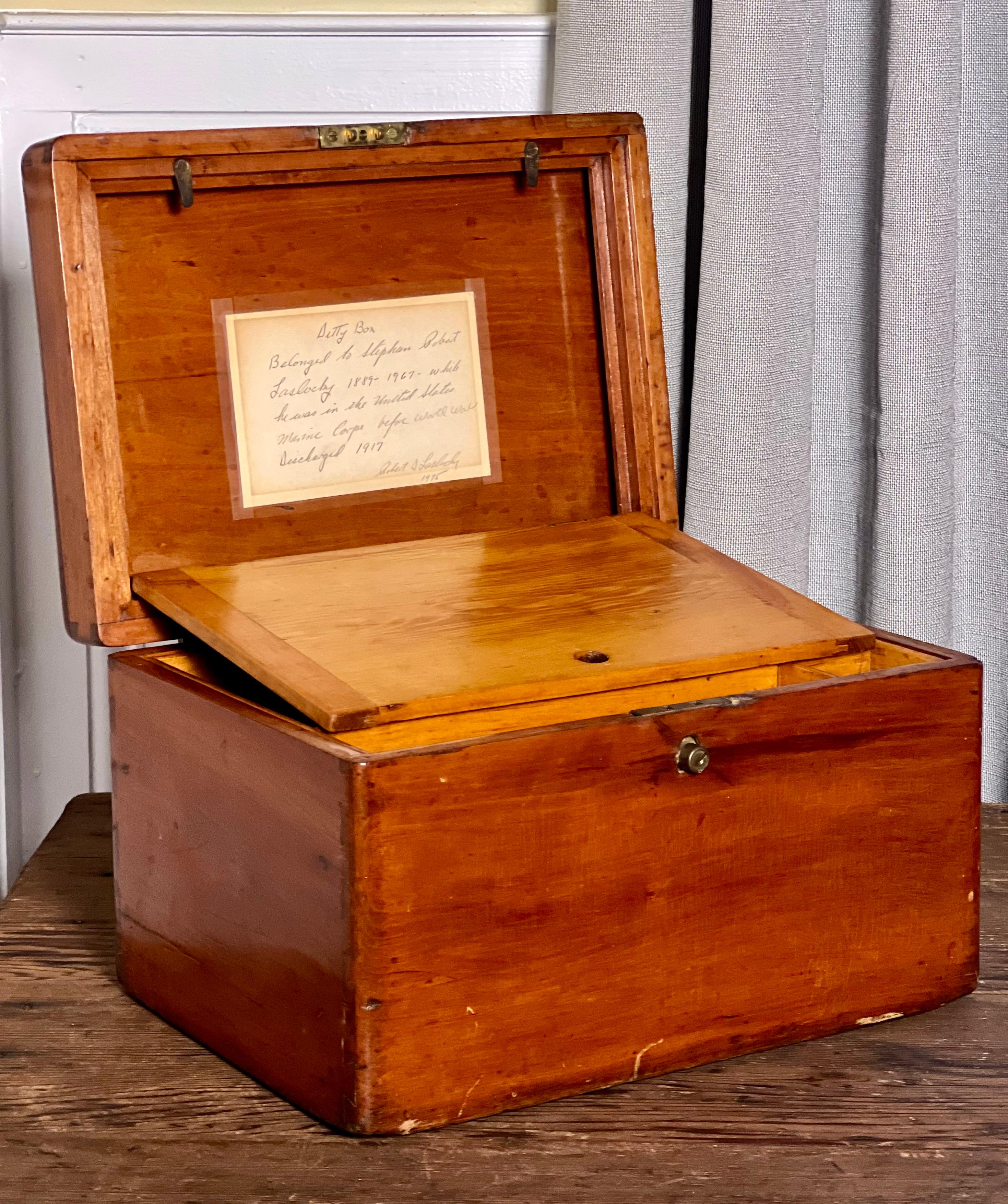 Antique mahogany writing/correspondence box with dovetail construction, circa late 19th century.

A handsome lap desk style box with a nicely fitted interior and a well-crafted, simple design. It has a removable, divided tray and a hidden
