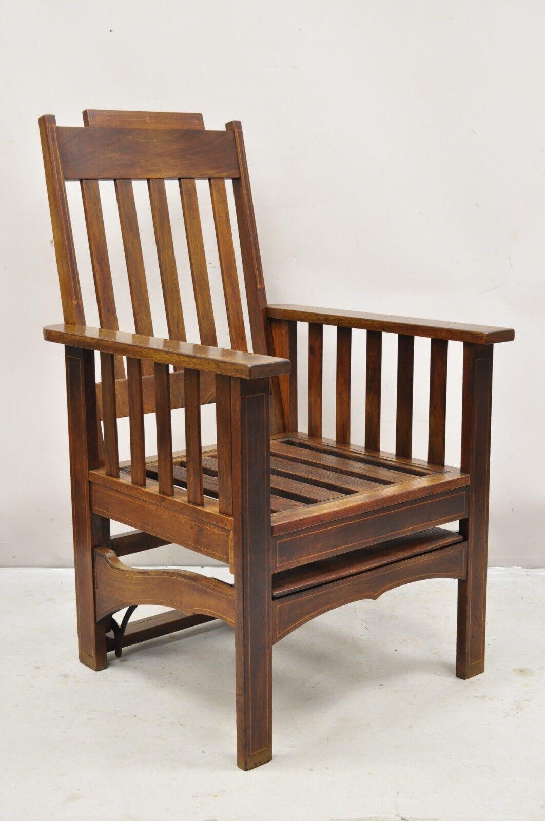 Antique Mahogany Edwardian Mechanical Reclining Morris Chair with Pencil Inlay. Circa 1900. 45.5