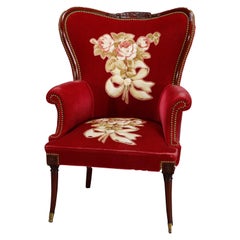 Vintage Mahogany & Embroidered Red Velvet French Bergere Chair, Circa 1930
