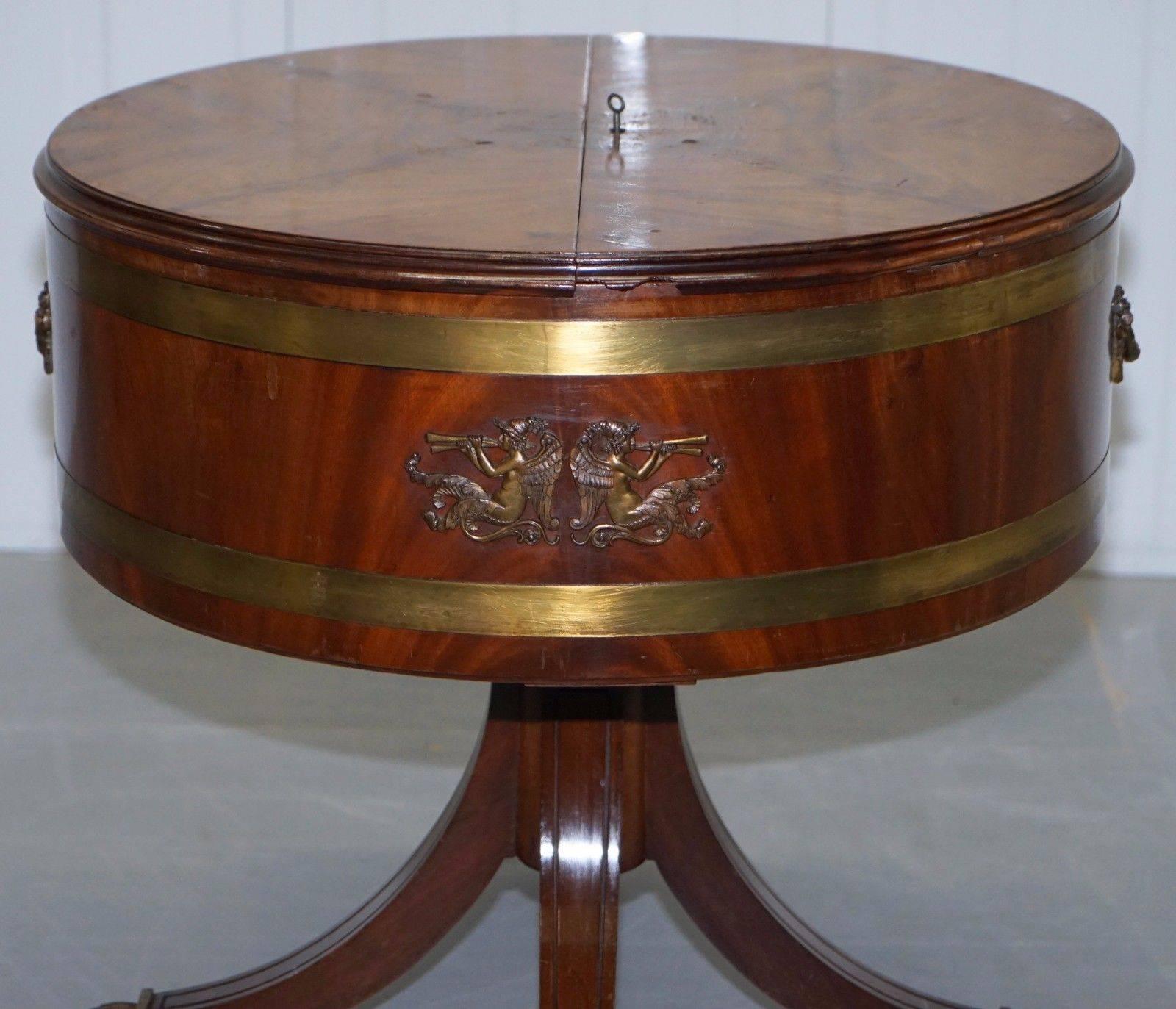 Hand-Crafted Antique Mahogany Empire Bronze & Brass Drum Side Table Top Opens Drinks Store