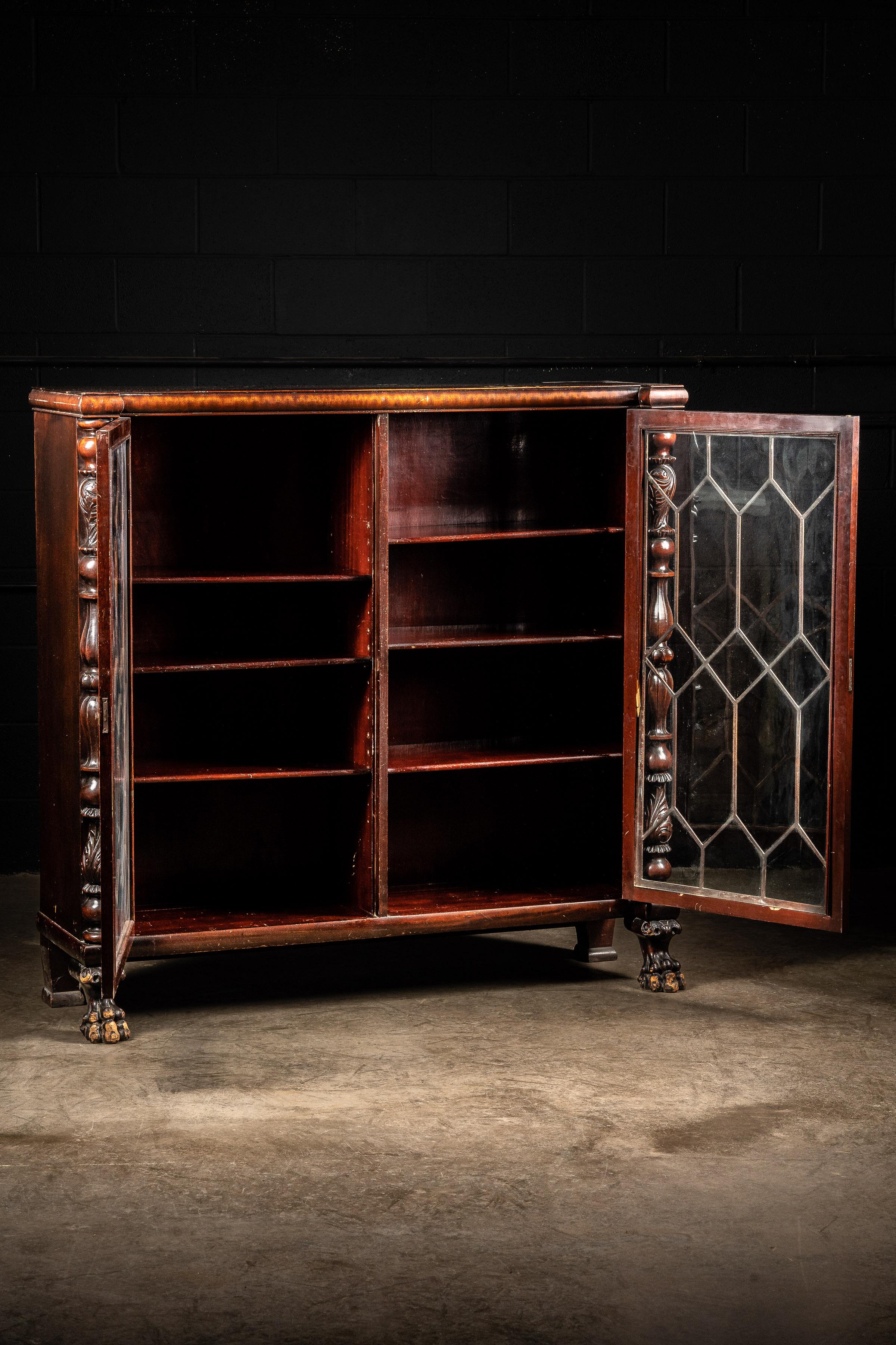 19th Century Antique Mahogany Empire Revival Bookshelf With Glass Doors