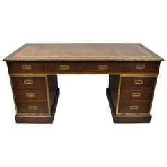Antique Mahogany English Campaign Pedestal Desk with Brown Tooled Leather Top