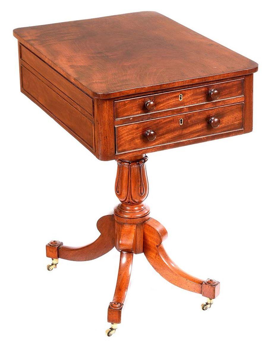 Stylish well figured flame mahogany English Regency Period Lamp or Work Table of outstanding quality and compact proportions. Fitted with two drawers and dummy drawers at back, all with original turned pulls. 

The ornately carved central column