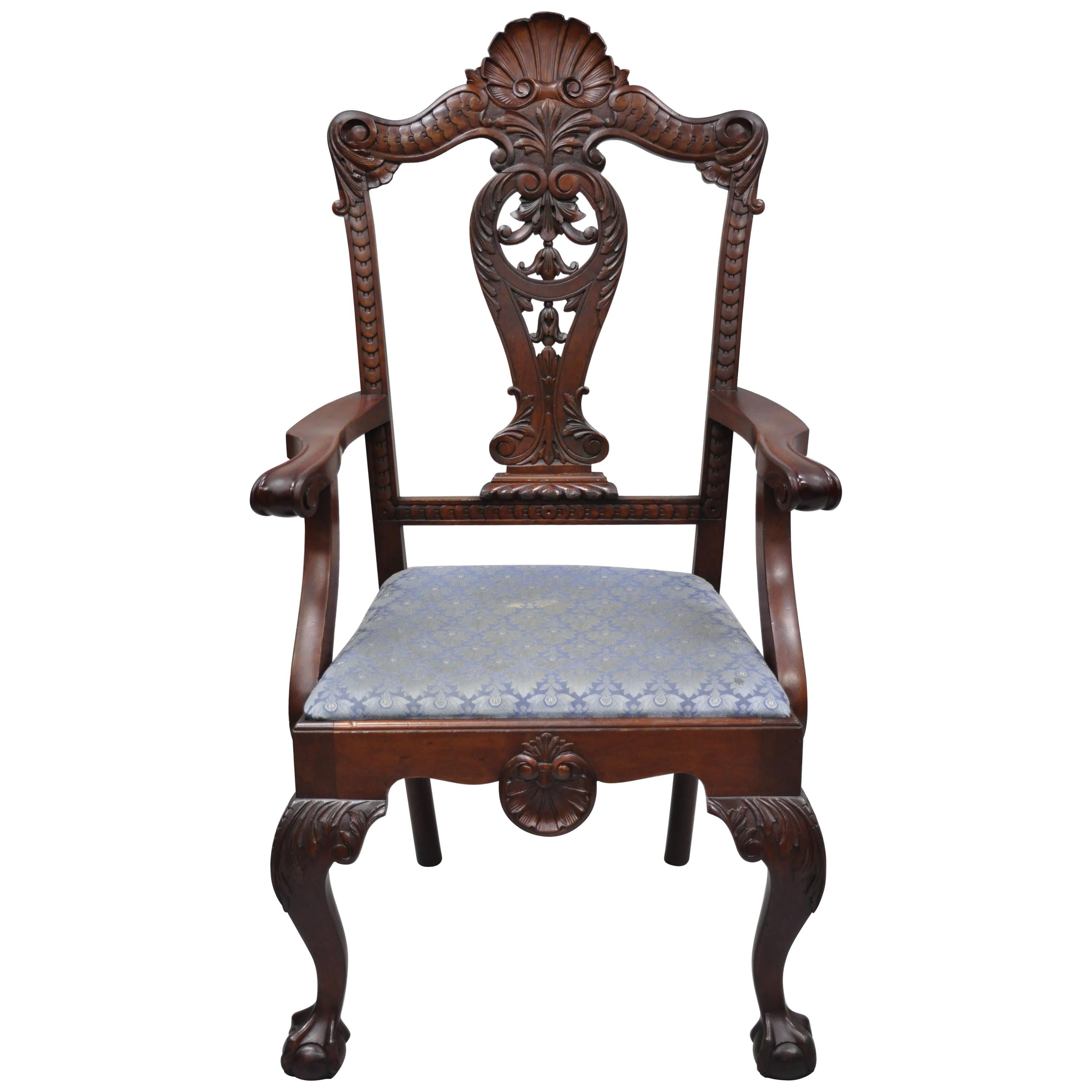 Antique Mahogany Georgian Chippendale Style Shell Carved Ball and Claw Armchair