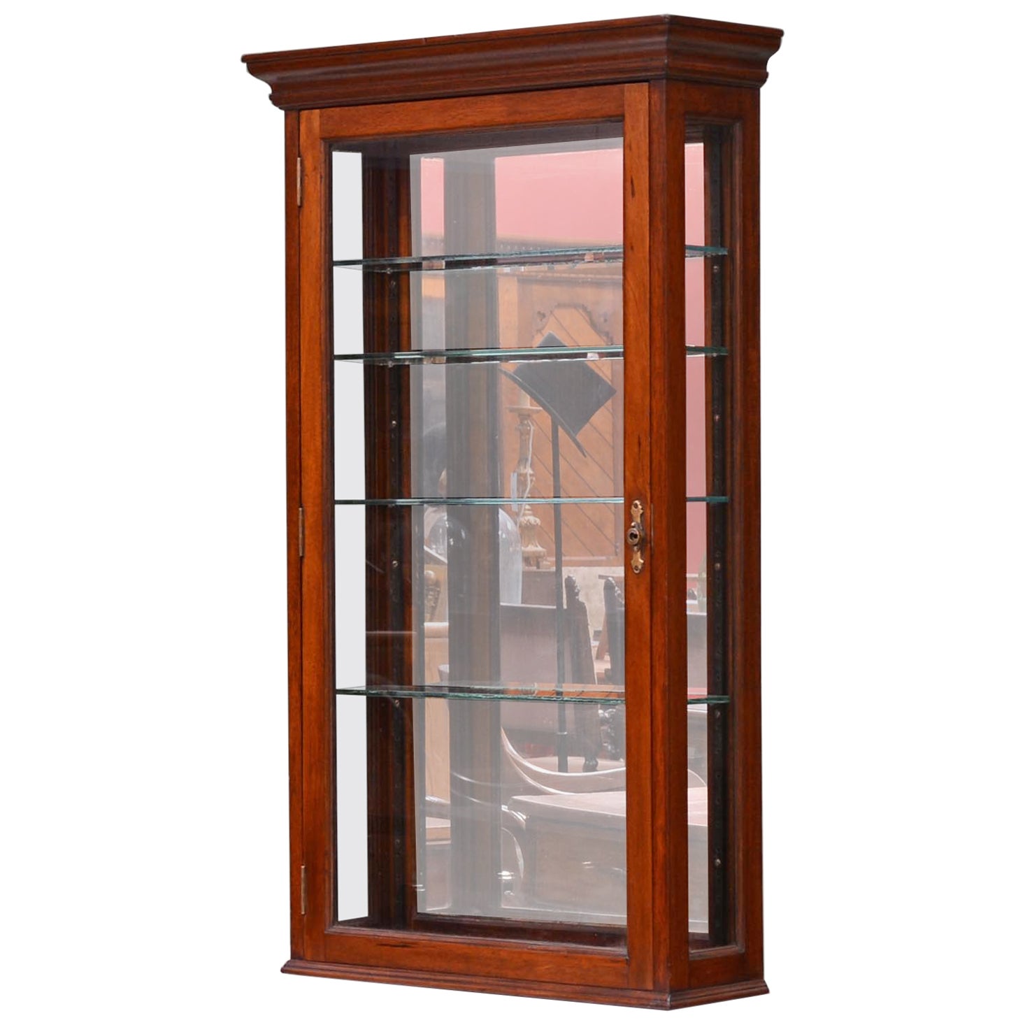 Antique mahogany glazed mirror backed hanging shop display cabinet For Sale