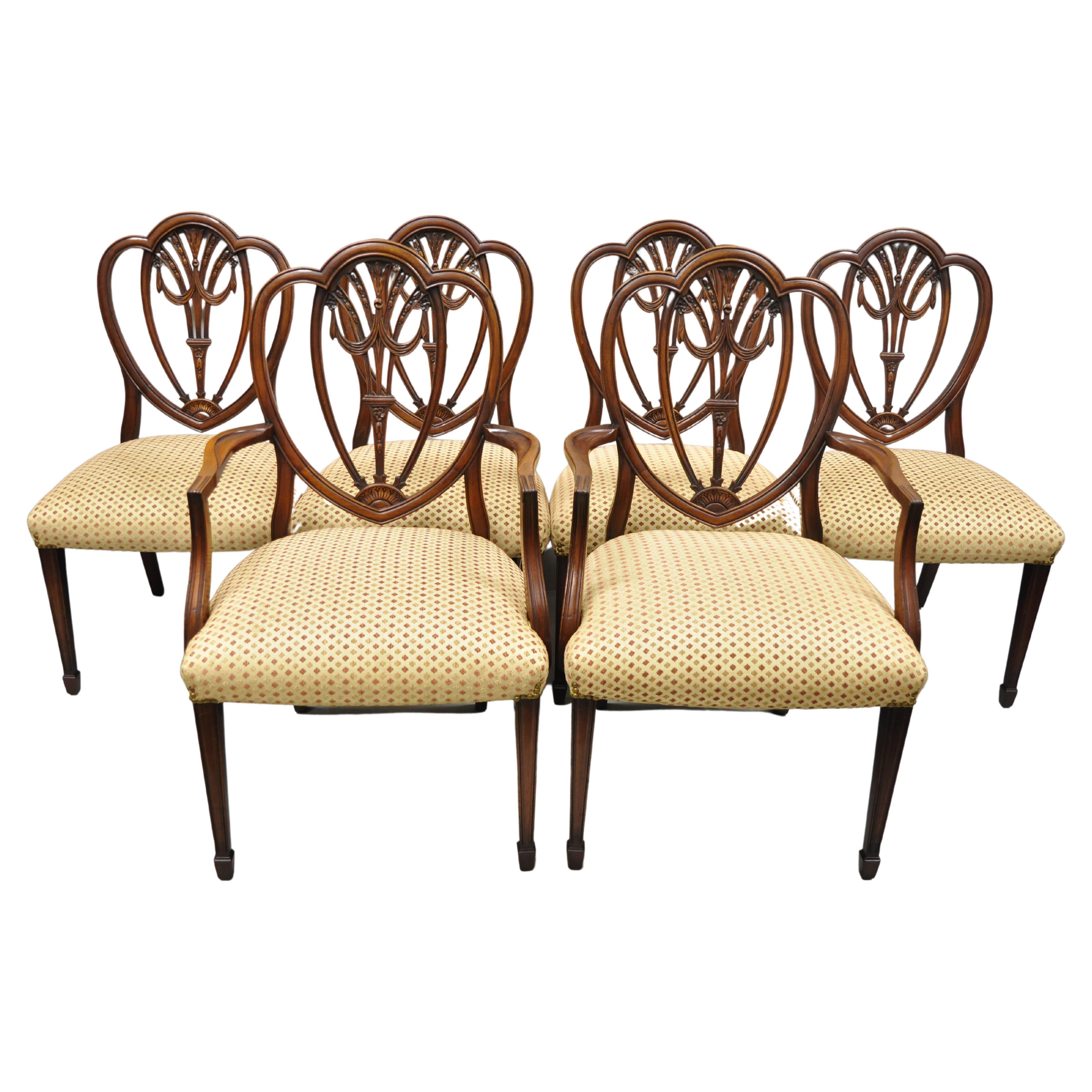 Antique Mahogany Hepplewhite Carved Drape Heart Back Dining Chairs, Set of 6