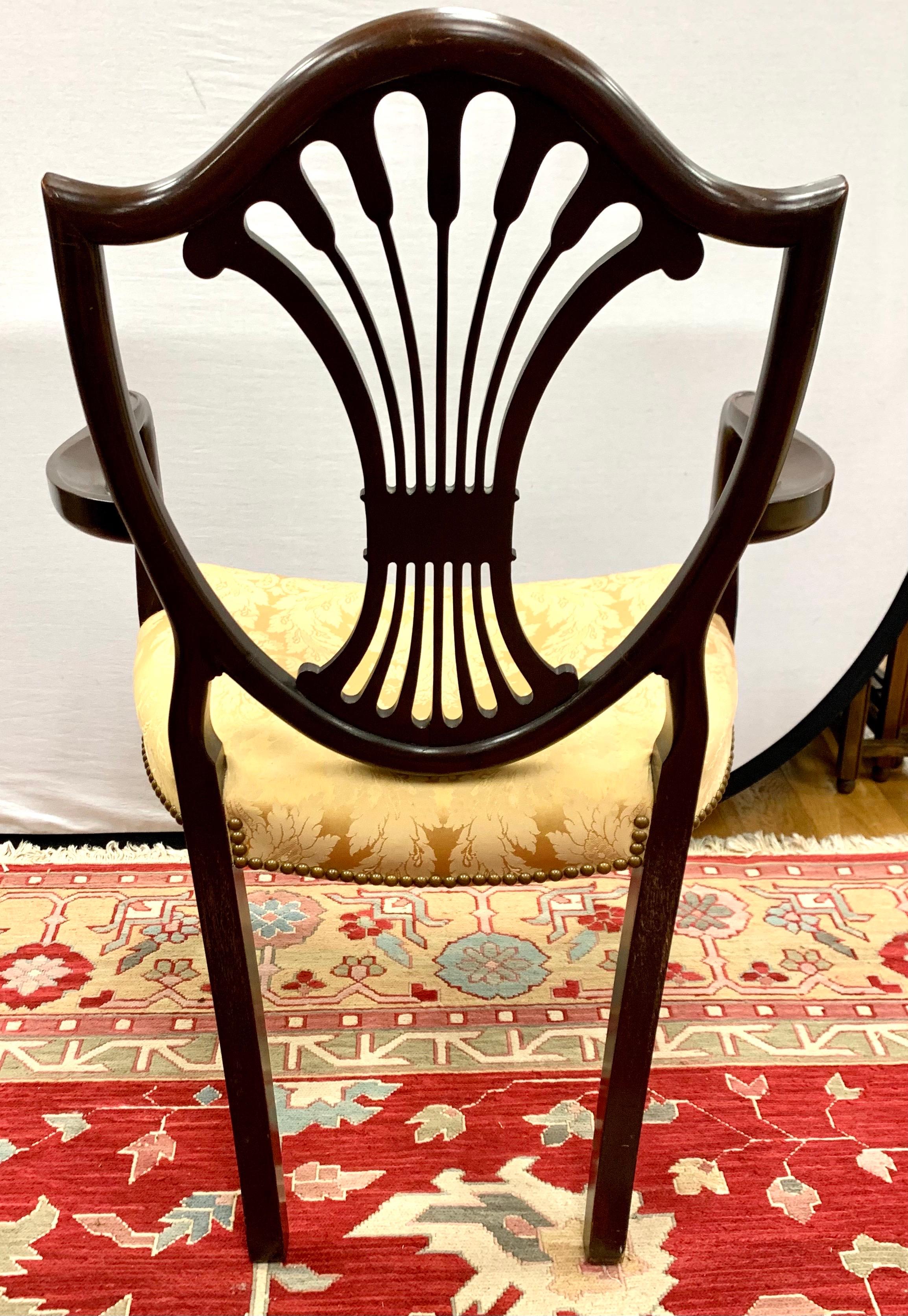 Fabric Antique Mahogany Hepplewhite Carved Wheat Sheaf Shieldback Dining Chairs