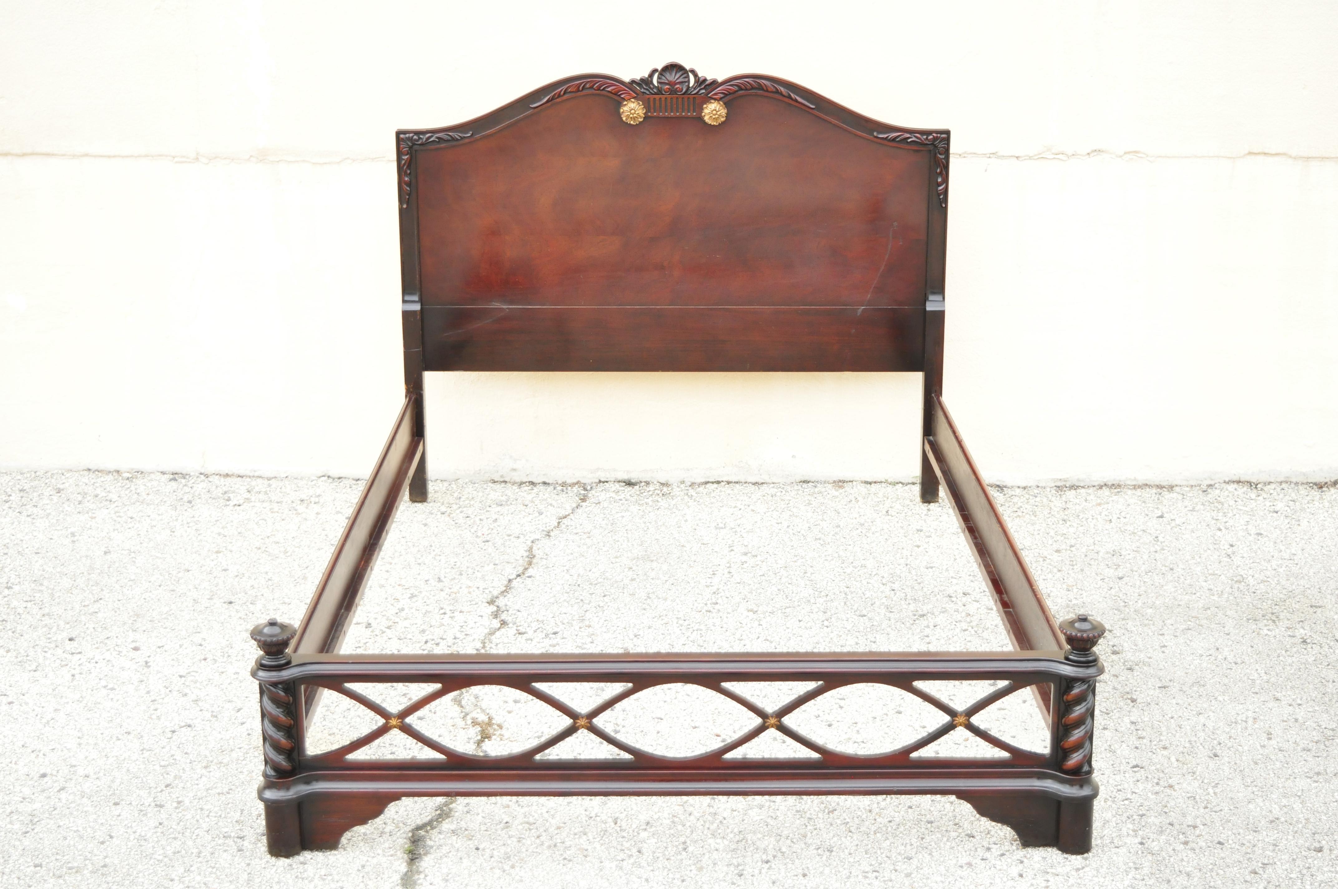Antique mahogany Hollywood Regency full size bed frame headboard Dorothy Draper style. Item features full size frame, pierce carved x-form footboard, solid wood construction, beautiful wood grain, nicely carved details, very nice antique item, great