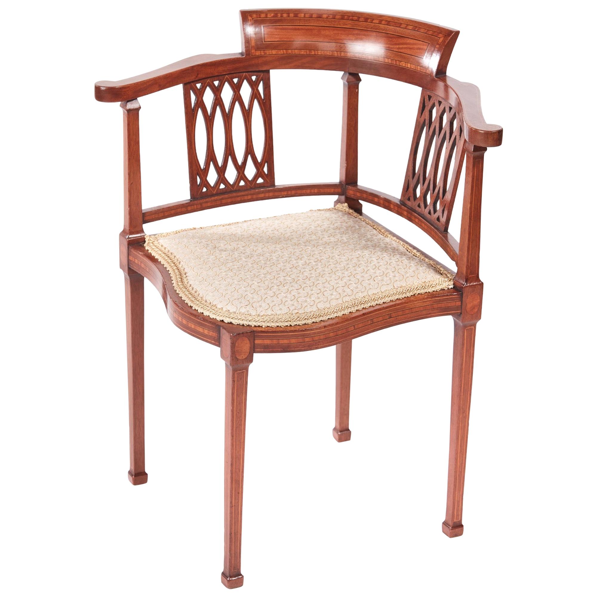 Antique Mahogany Inlaid Corner Chair, circa 1890